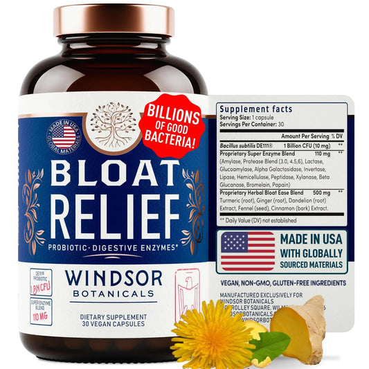 Bloat Relief Probiotic and Digestive Enzymes - Anti Bloating Turmeric, Fennel, Bromelain IBS Supplement - Detox Debloat Capsules Gas - Bloating Relief for Women and Men - 30 Gut Health Pills WINDSOR BOTANICALSBuy Supplements Australia