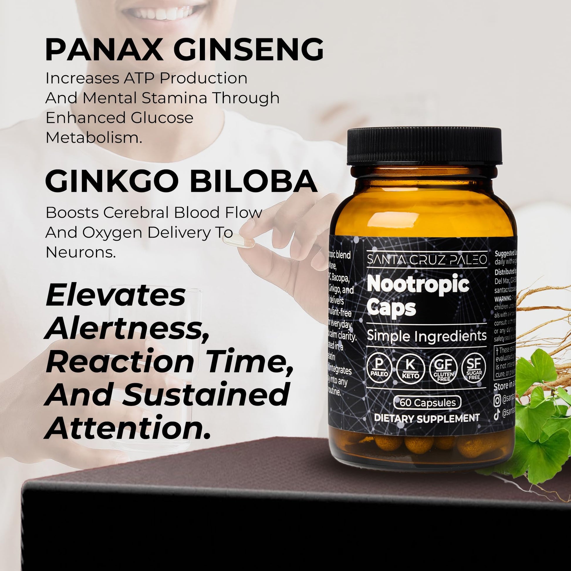 Santa Cruz Paleo Nootropic Capsules – Lions Mane, Alpha GPC, Panax Ginseng & Ginkgo Biloba for Focus, Memory, Mental Clarity & Energy – Keto, Paleo, Gluten Free Brain Supplement, 60 Caps Santa Cruz PaleoBuy Supplements Australia