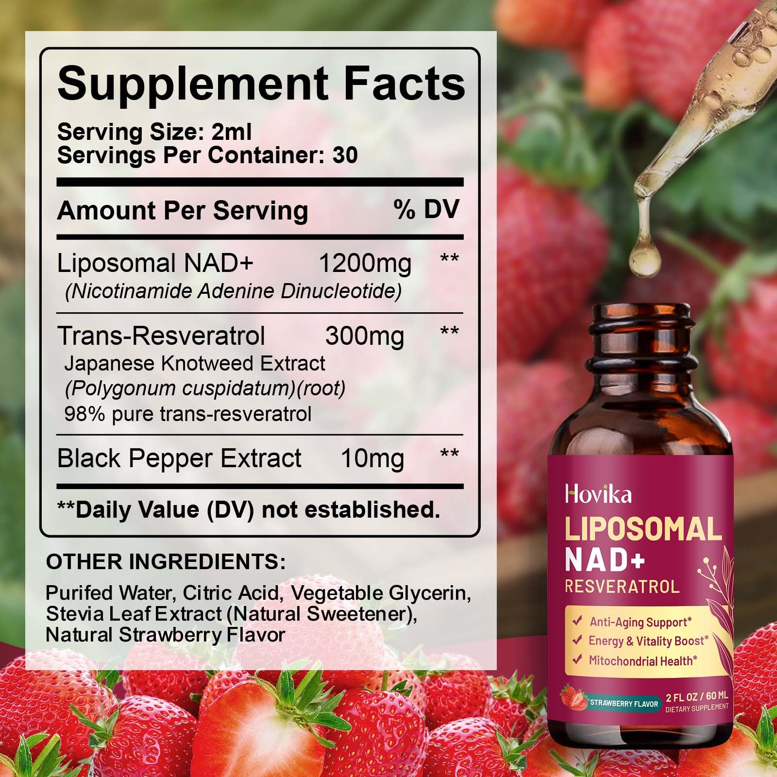 Liposomal NAD Supplement - 1200mg NAD+ Liquid Drops for Women & Men with Resveratrol, Black Pepper Extract - Support Anti-Aging, Brain & Cellular Mitochondrial Health - 2 Fl Oz, Strawberry Flavor HovikaBuy Supplements Australia