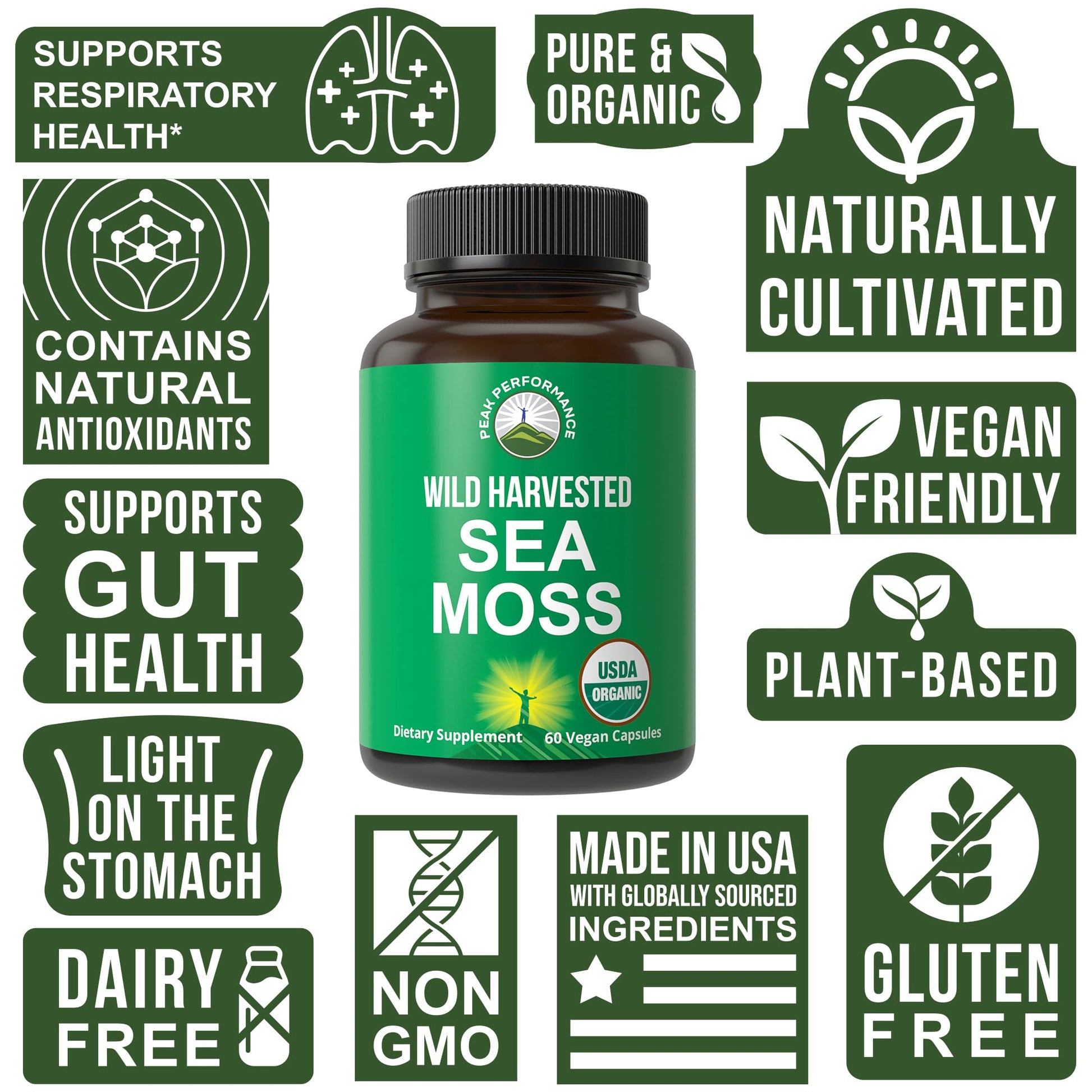 Organic Sea Moss Capsules. Wild Harvested Sea Moss Raw Organic Vegan Supplement from Red Algae Seaweed. 100% Whole Extract Raw Irish SeaMoss Superfood Pills. for Gut, Respiratory, Immune Support. Peak PerformanceBuy Supplements Australia
