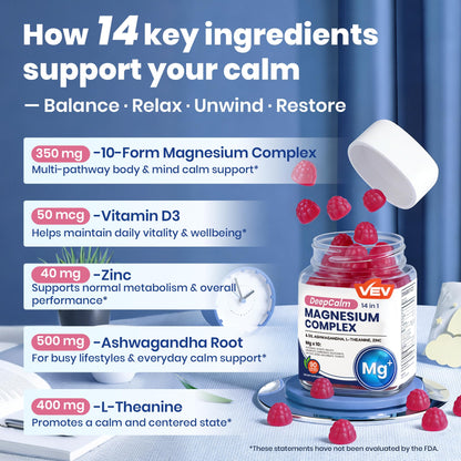 VEV Deep Calm Magnesium Complex 14-in-1 Gummies with Ashwagandha, L-Theanine, Vitamin D3 & Zinc for Women and Men, Vegan Magnesium Glycinate Gummies, 90 Gummies, Pack of 1 VEVBuy Supplements Australia