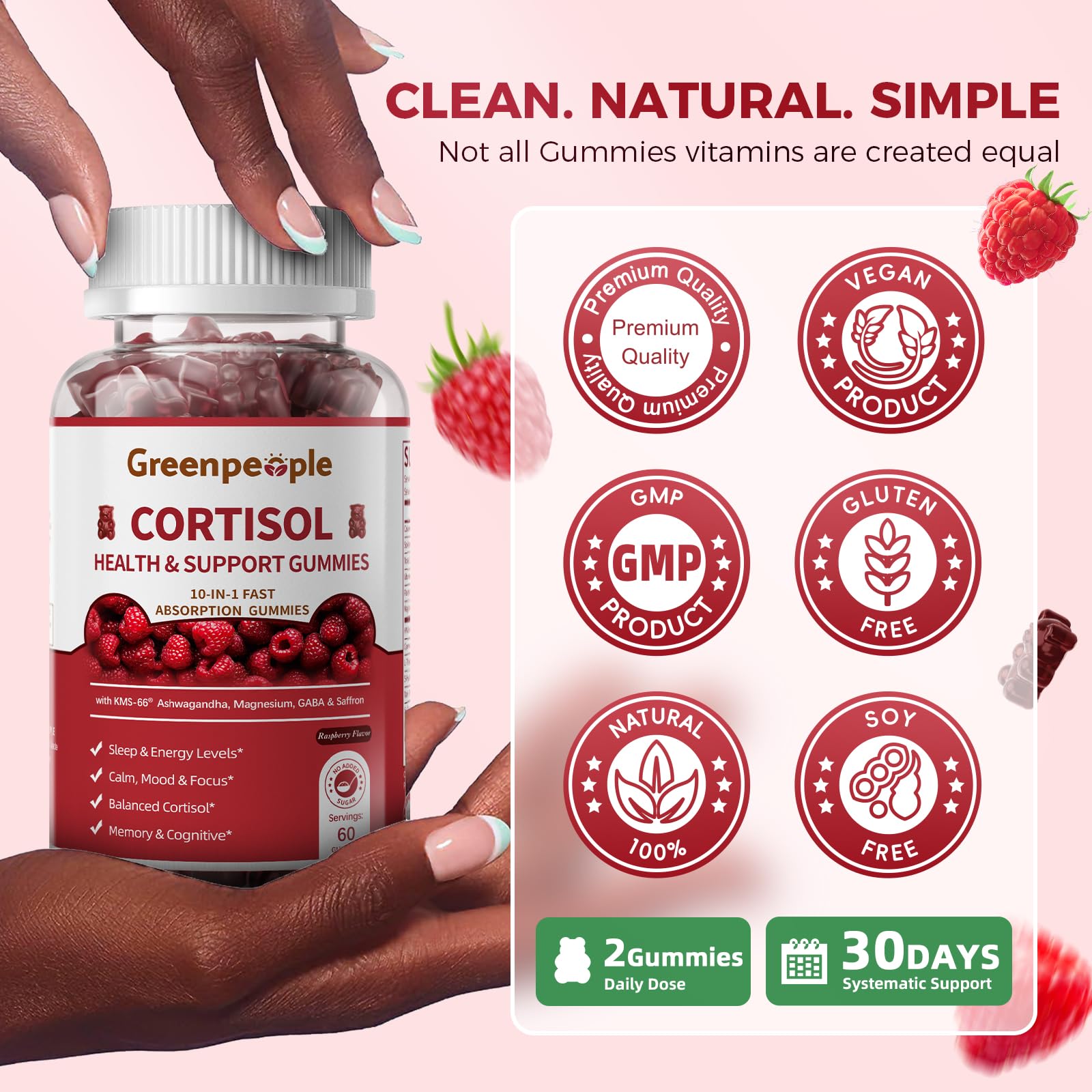 GREENPEOPLE Cortisol Supplements for Women & Men - Cortisol Reducer Detox Manager w/KSM-66 Ashwagandha/Magnesium/L-theanine/GABA/Vitamin B6 for Mood/Sleep/Stress Relief 60 CT Raspberry Flavor Gummies GREENPEOPLEBuy Supplements Australia