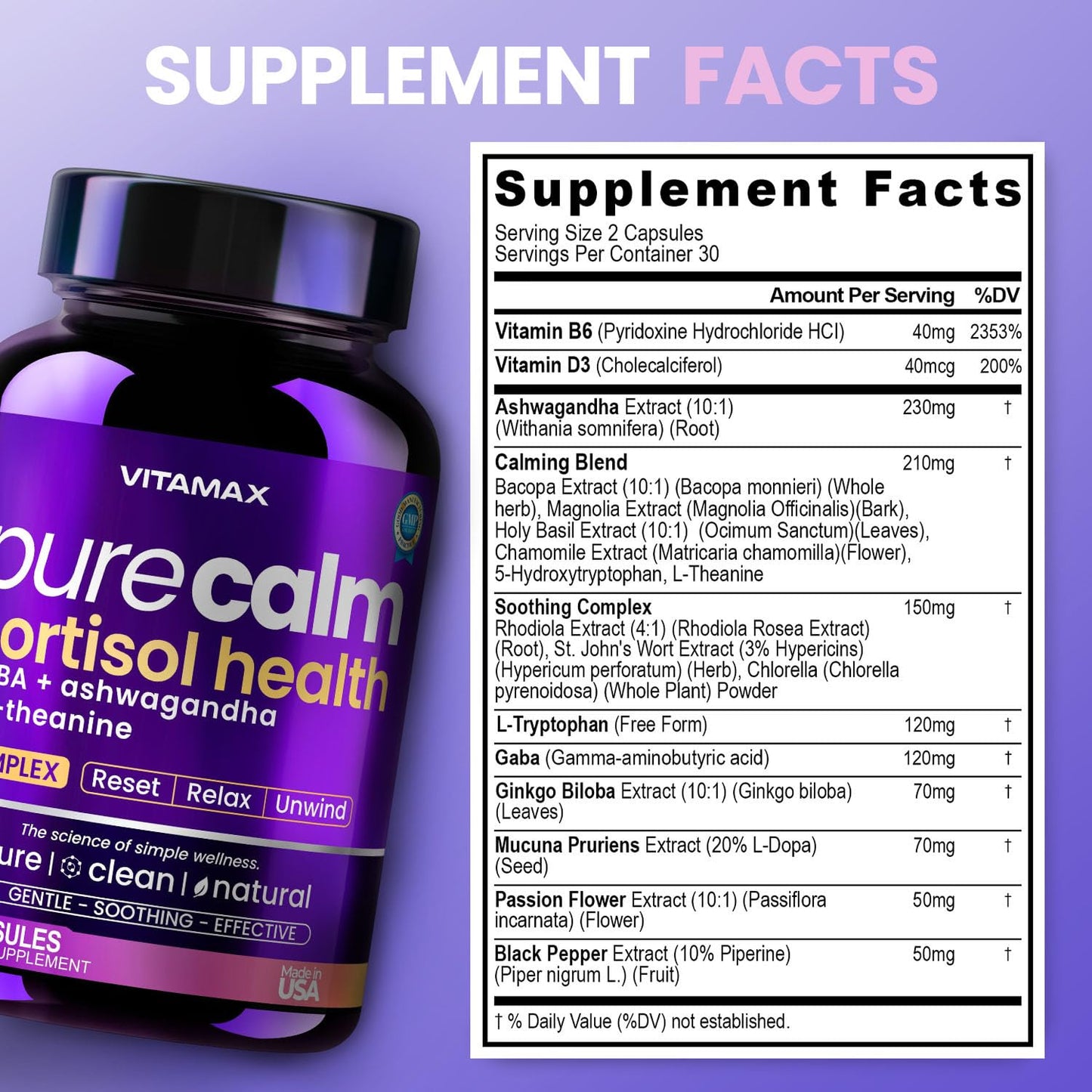 Vitamax Pure Calm Cortisol Supplements for Women - L Theanine, Ashwagandha, GABA for Relaxation, Mood & Stress Support with Ginkgo Biloba, Bacopa Monnieri, 5-HTP – Non-GMO, Made in USA – 60ct VitamaxBuy Supplements Australia