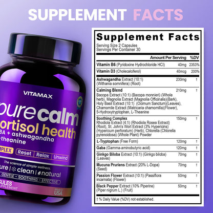 Vitamax Pure Calm Cortisol Supplements for Women - L Theanine, Ashwagandha, GABA for Relaxation, Mood & Stress Support with Ginkgo Biloba, Bacopa Monnieri, 5-HTP – Non-GMO, Made in USA – 60ct VitamaxBuy Supplements Australia