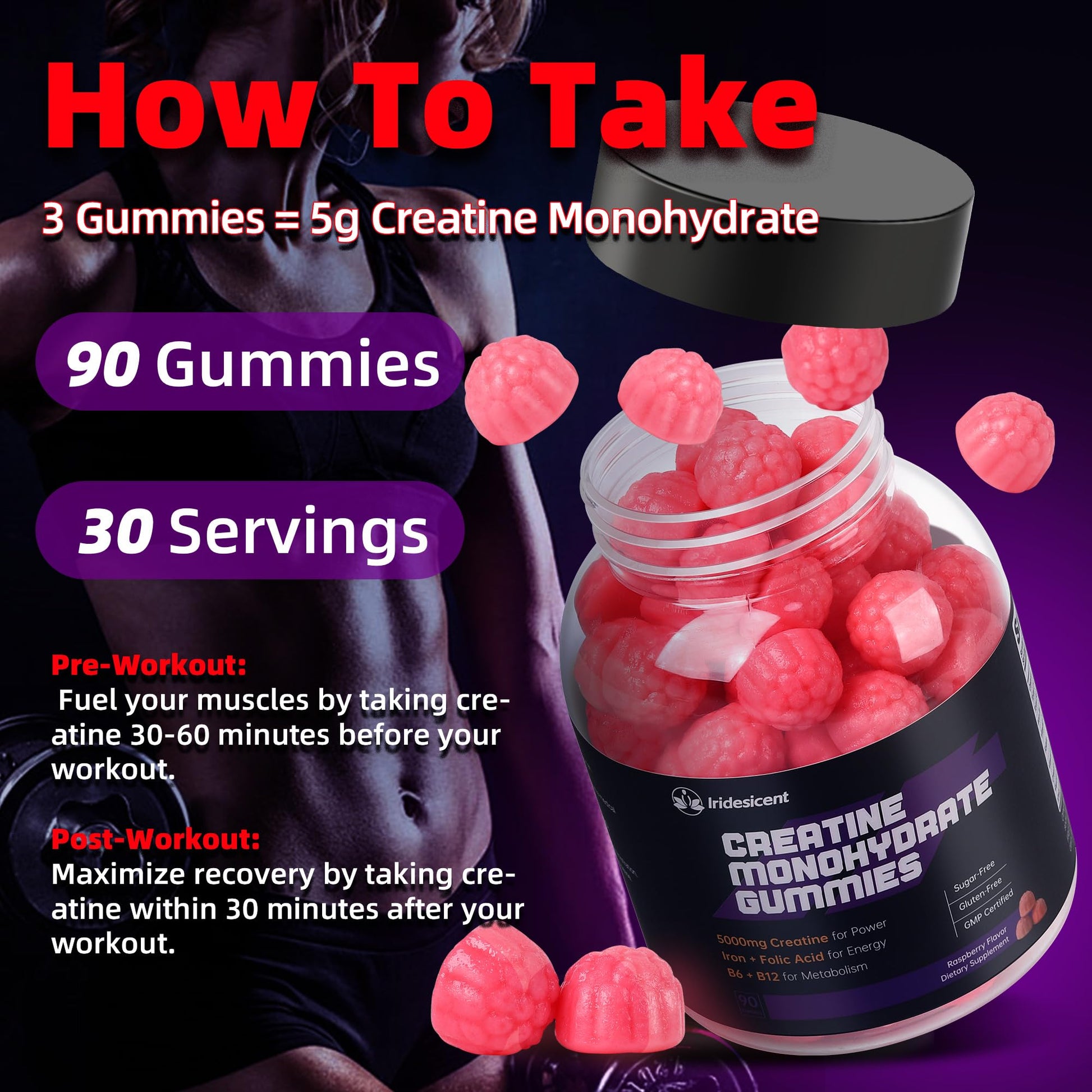 IRIDESICENT Creatine Monohydrate Gummies 5000mg w/Iron, Vitamin B6 & B12, Sugar Free 5g Creatine Supplements for Women and Men Boost Energy & Muscle Recovery - 90 Raspberry Gummies IRIDESICENTBuy Supplements Australia