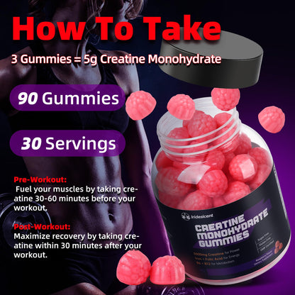 IRIDESICENT Creatine Monohydrate Gummies 5000mg w/Iron, Vitamin B6 & B12, Sugar Free 5g Creatine Supplements for Women and Men Boost Energy & Muscle Recovery - 90 Raspberry Gummies IRIDESICENTBuy Supplements Australia