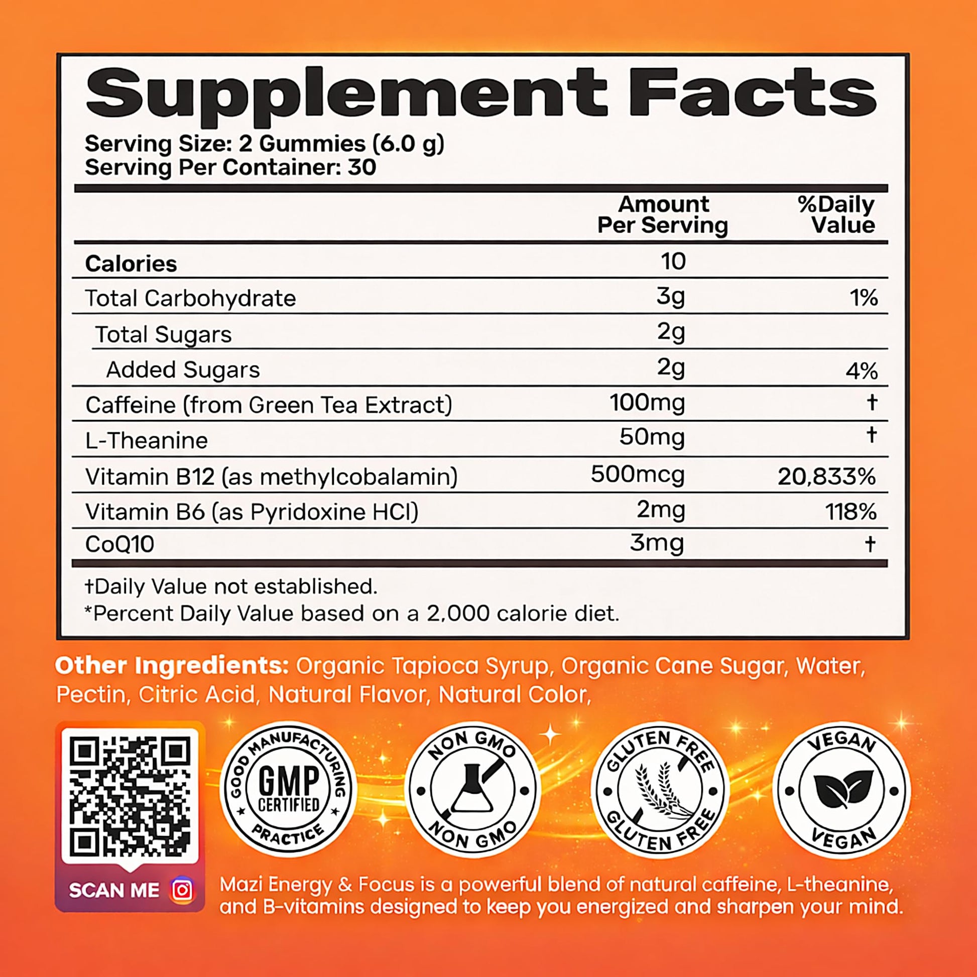 Energy & Focus Gummies | 100mg Natural Caffeine + L-Theanine + Vitamin B6 & B12 + CoQ10 | Nootropic Cognitive Brain Performance Supplement | No Crash or Jitters MAZIBuy Supplements Australia