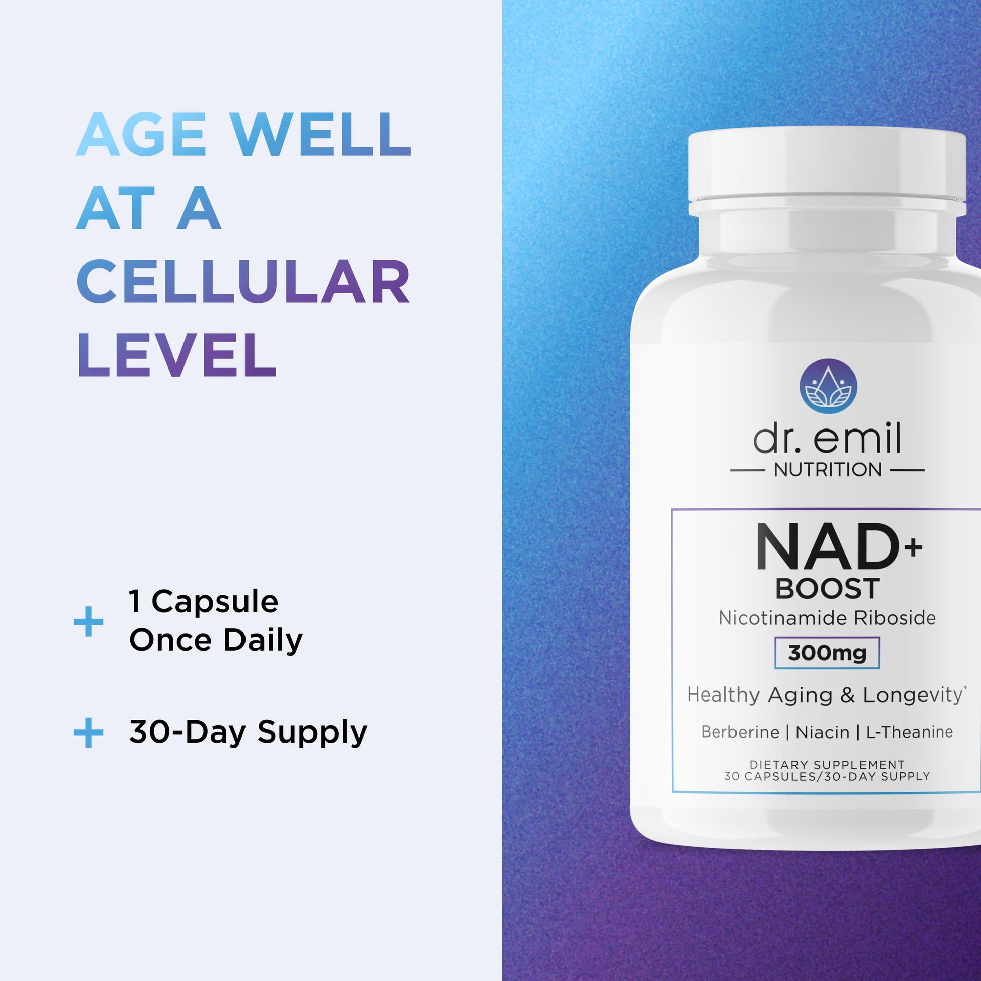 DR. EMIL NUTRITION NAD+ Boost - Nicotinamide Riboside Supplement for Longevity, Healthy Aging & Cellular Regeneration - NAD Supplement with with Berberine, L-Theanine & Niacin - 30-Day Supply DR. EMIL NUTRITIONBuy Supplements Australia