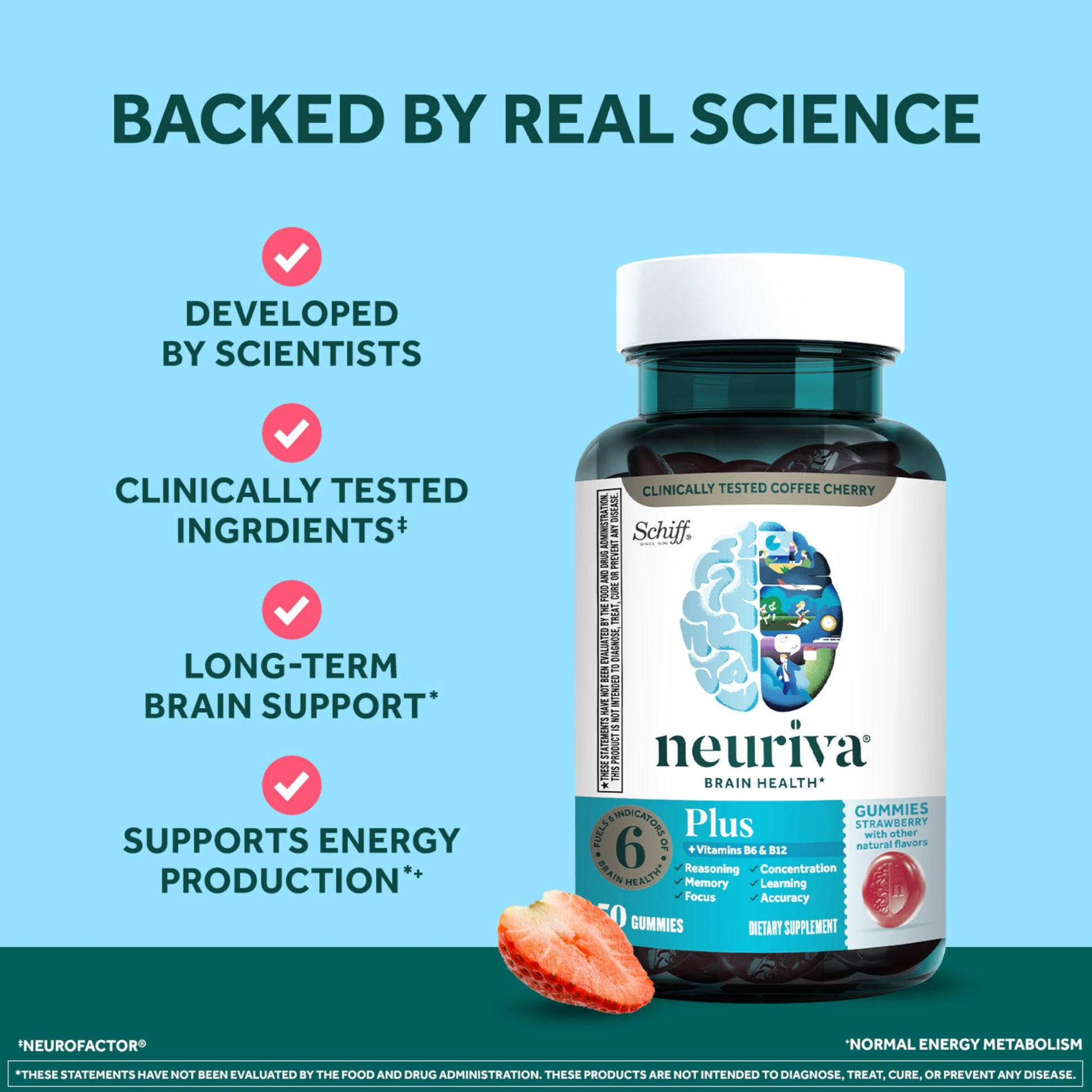 NEURIVA Plus Decaffeinated Nootropic Brain Supplement for Memory, Focus & Concentration & Cognitive Function, Clinically Tested NeuroFactor, Phosphatidylserine, Vitamins B6 B12,50ct Strawberry Gummies NEURIVABuy Supplements Australia