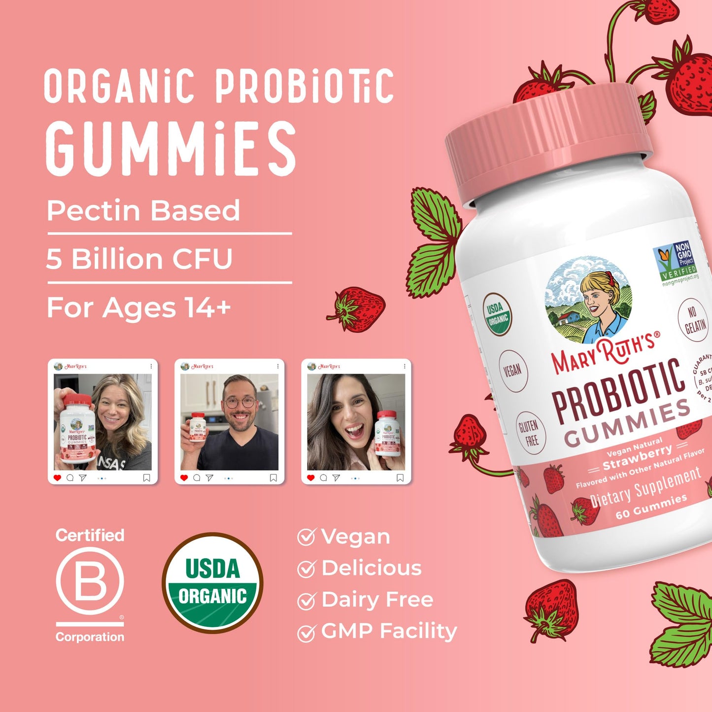 MaryRuth Organics USDA Organic Probiotic Gummies |Probiotics forWomen & Men Digestive Health & Gut Comfort Supplement 5 Billion CFU | Immune & Digestive Support | Vegan | Non-GMO | 60 Count MARYRUTH'SBuy Supplements Australia