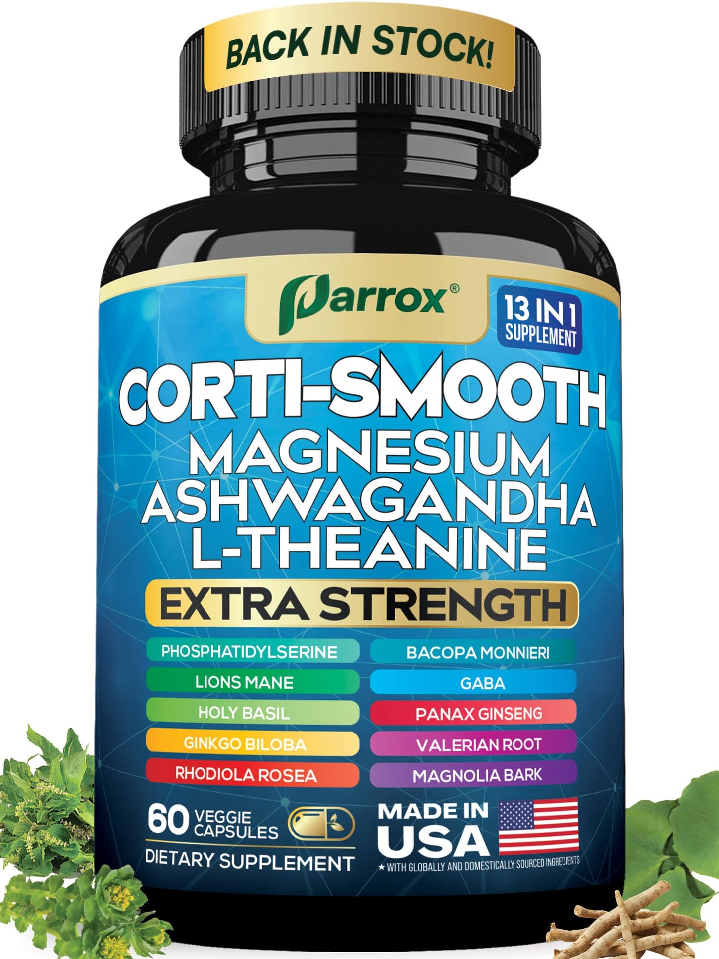 Parrox Corti-Smooth Cortisol Supplement Magnesium, L-Theanine, Ashwagandha, Phosphatidylserine, Valerian Root, Lions Mane, Bacopa Monnieri, Ginkgo Biloba, Panax Ginseng, Magnolia Bark, GABA (60 Caps) ParroxBuy Supplements Australia
