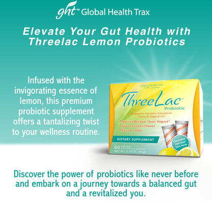 Global Health Trax ThreeLac Lemon Probiotic Drink Mix for Digestive Health - Advanced Probiotic Powder Formula for Men, Women, and Kids - Immune Support & Gut Balance, Non-GMO - 120 Packets ght Global Health TraxBuy Supplements Australia