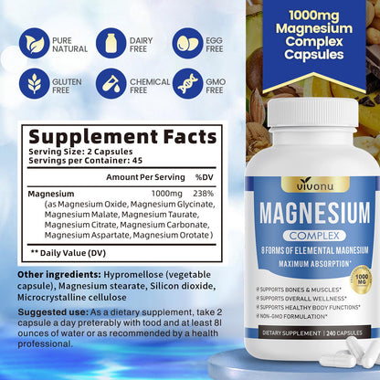 1000mg Magnesium Complex for Women & Men*, 8 Elemental with Magnesium Glycinate, Citrate, Malate, Taurate, Oxide, Carbonate, Aspartate, Orotate for Bones, Muscle