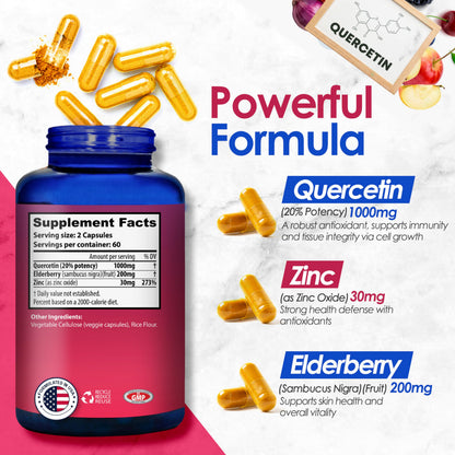 Nutradora Quercetin 1000mg Per Serving Veggie Capsules, Non-GMO