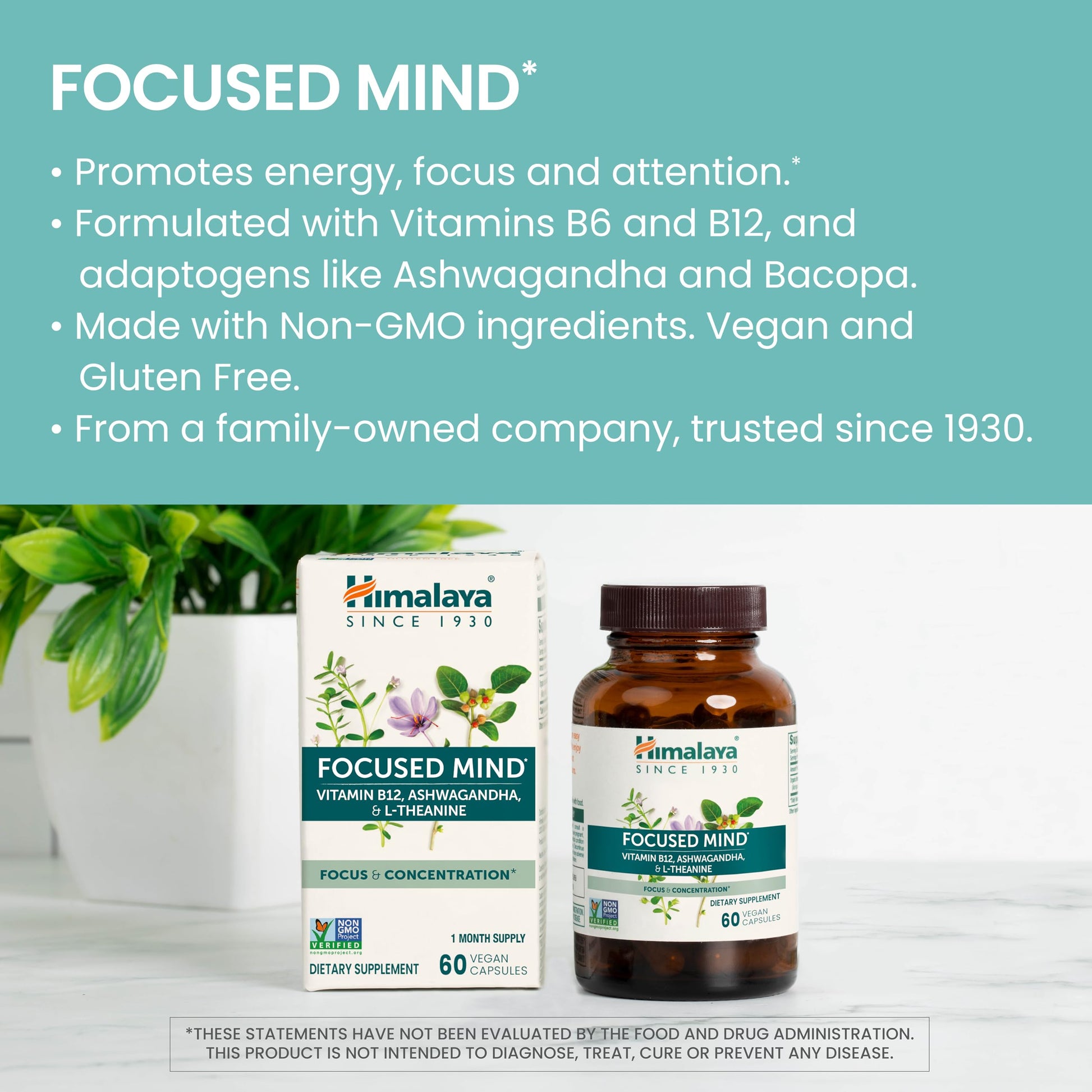 Himalaya Focused Mind Supplement, with Ashwagandha, Bacopa & L-Theanine for Attention, Focus and Energy Support, 60 Vegan Capsules, Gluten Free, 1 Month Supply HimalayaBuy Supplements Australia