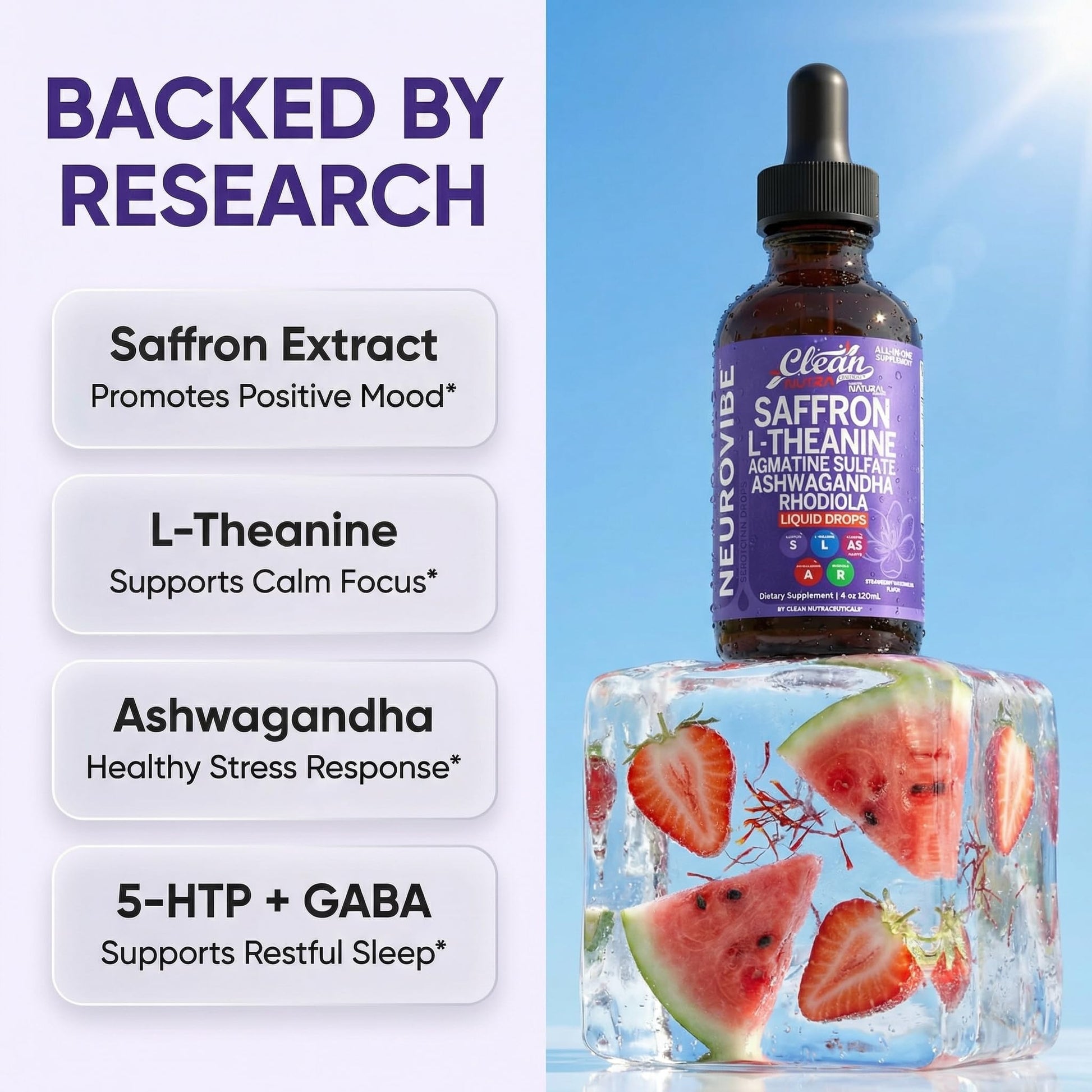 Saffron Supplements Liquid Drops L-Theanine Agmatine Sulfate Ashwagandha Magnesium Glycinate B6 Magnesium Stress Relief Mood Support 5-HTP GABA Supplement Vitamin D 4oz by Clean Nutra Clean Nutraceuticals buy supplements Au