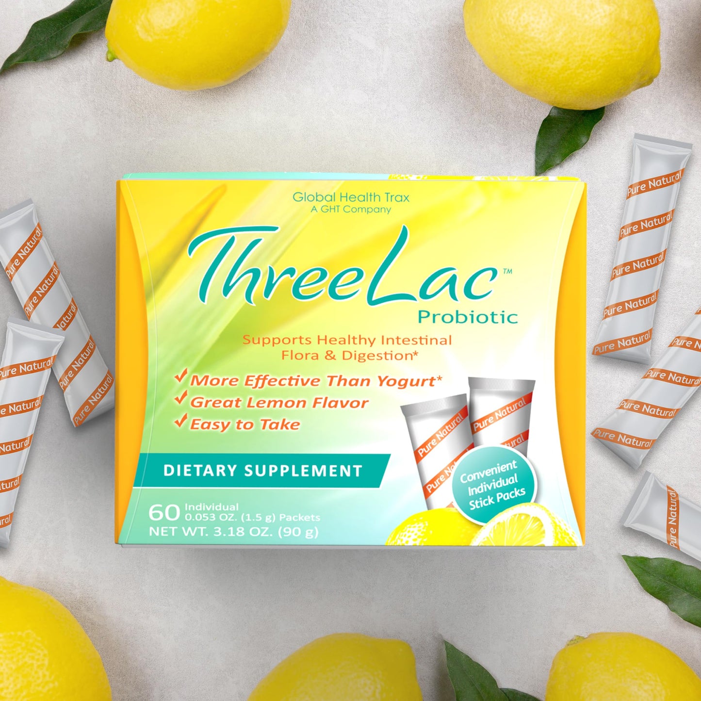 Global Health Trax ThreeLac Lemon Probiotic Drink Mix for Digestive Health - Advanced Probiotic Powder Formula for Men, Women, and Kids - Immune Support & Gut Balance, Non-GMO - 180 Packets ght Global Health TraxBuy Supplements Australia