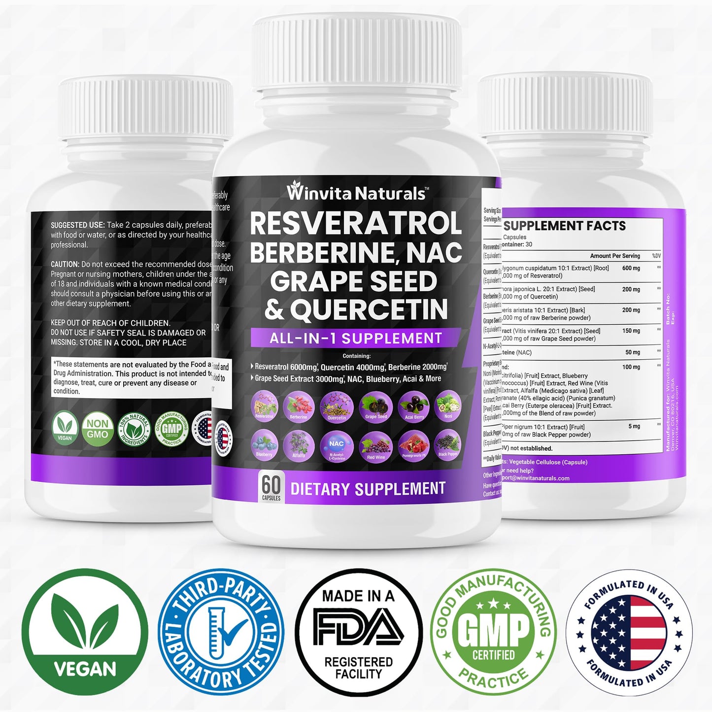 Resveratrol 6000mg Quercetin 4000mg Berberine 2000mg Grape Seed Extract 3000mg Winvita NaturalsBuy Supplements Australia