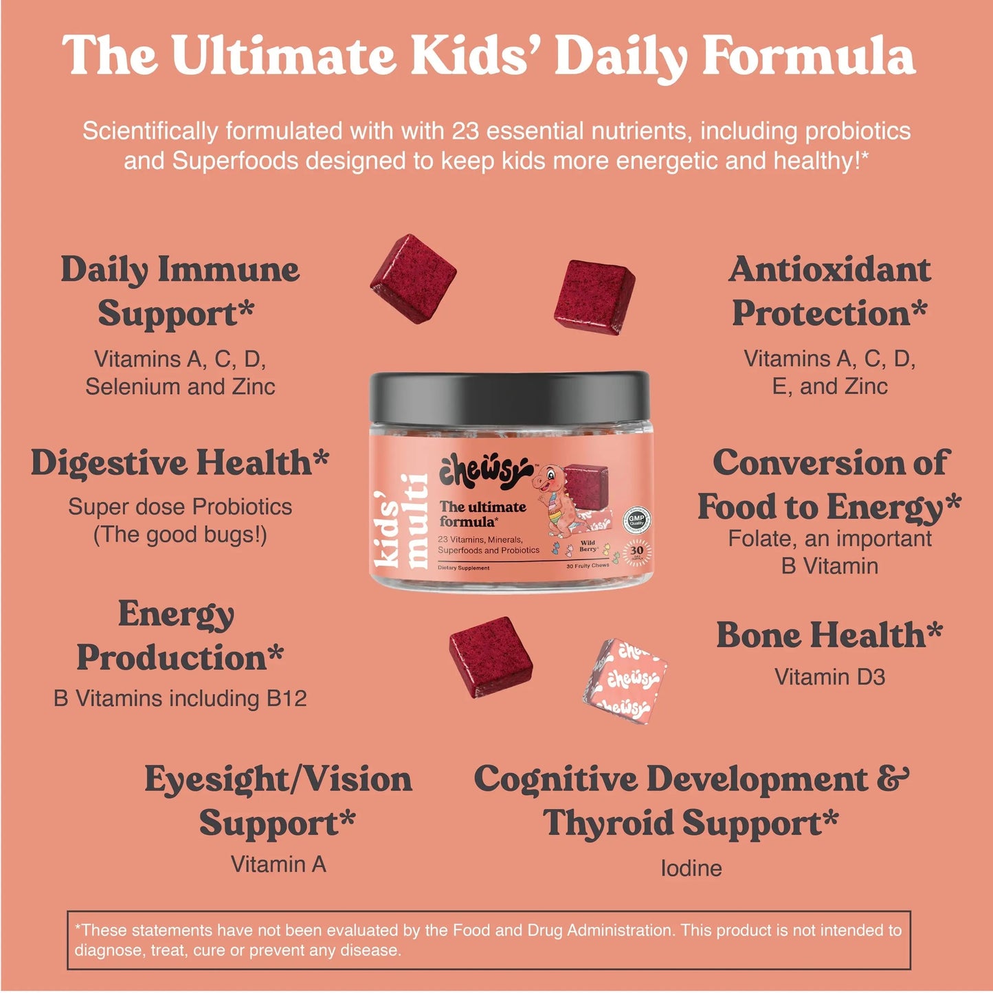 Chewsy Kids’ Multivitamin, Delicious Candy-Style Daily Vitamin Chews + Probiotics + Superfoods, Wild Berry Flavor Chewable Fruity Supplement Chews CHEWSY