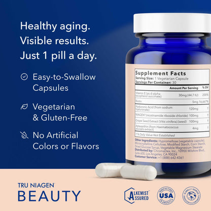 TRU NIAGEN BEAUTY NAD+ for Hair, Skin & Nails | Contains Niagen®, Astaxanthin, Hyaluronic Acid, Biotin | Supports Skin Elasticity & Moisture Retention | Daily Supplements for Men & Women | 30 Servings TRU NIAGENBuy Supplements Australia