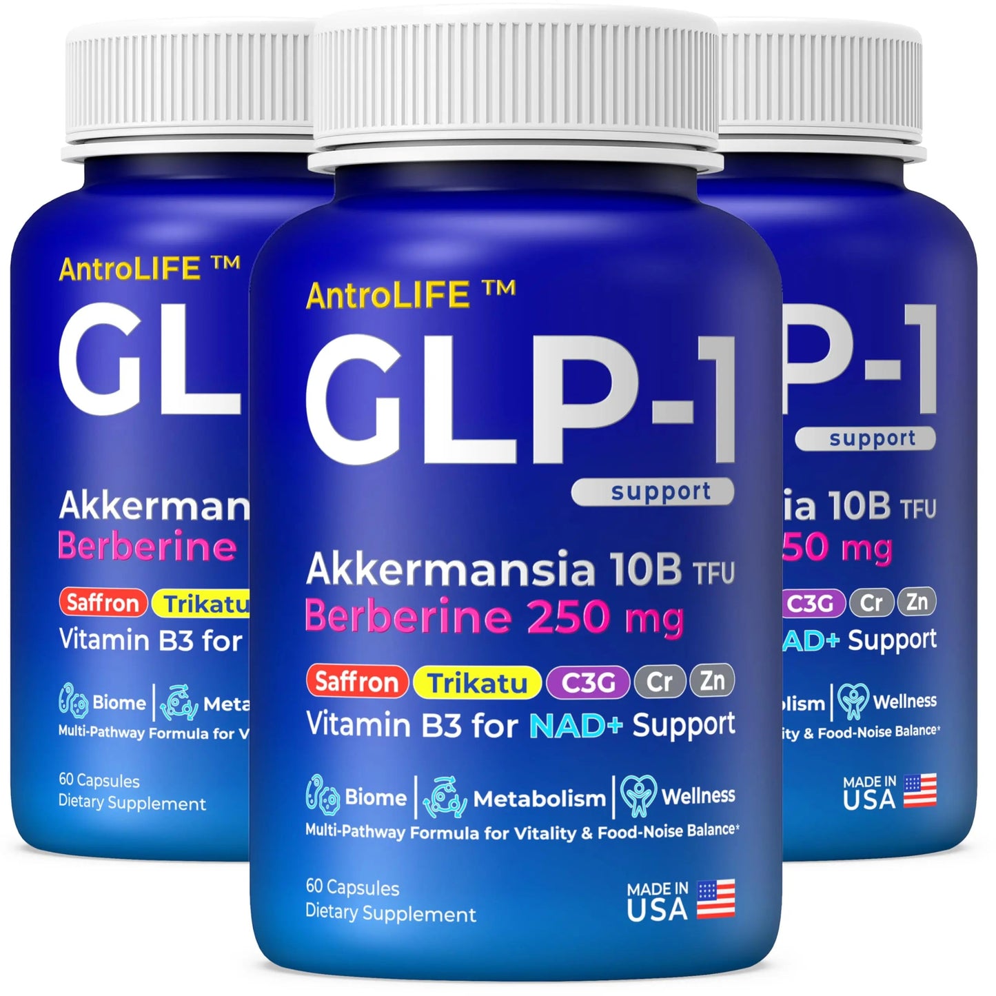 GLP-1 Support – Akkermansia Postbiotic 10B TFU + Berberine HCl 250 mg | 18-Ingredient System | Appetite, Mood & Metabolic Support | Inulin-Free | Saffron, NAD+ Cofactors | 3 Pack | 90-Day Supply ANTROLIFEBuy Supplements Australia