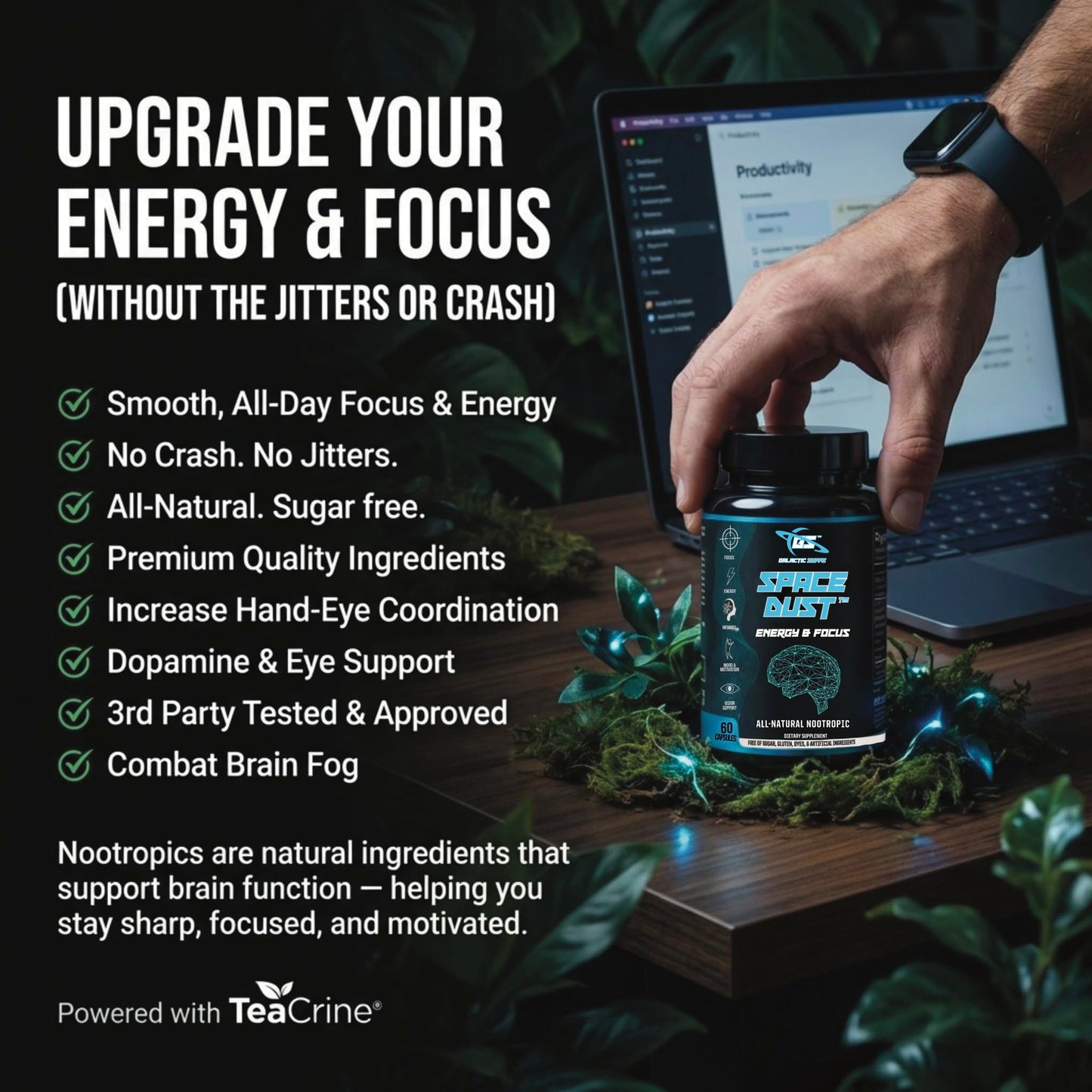 Space Dust Brain Supplements for Memory and Focus – Nootropic Focus Supplement for Brain Health & Mind Boost with TeaCrine, Caffeine, L-Tyrosine, L-Theanine – Cognitive Support Capsules, 60 Count GALACTIC SUPPSBuy Supplements Australia