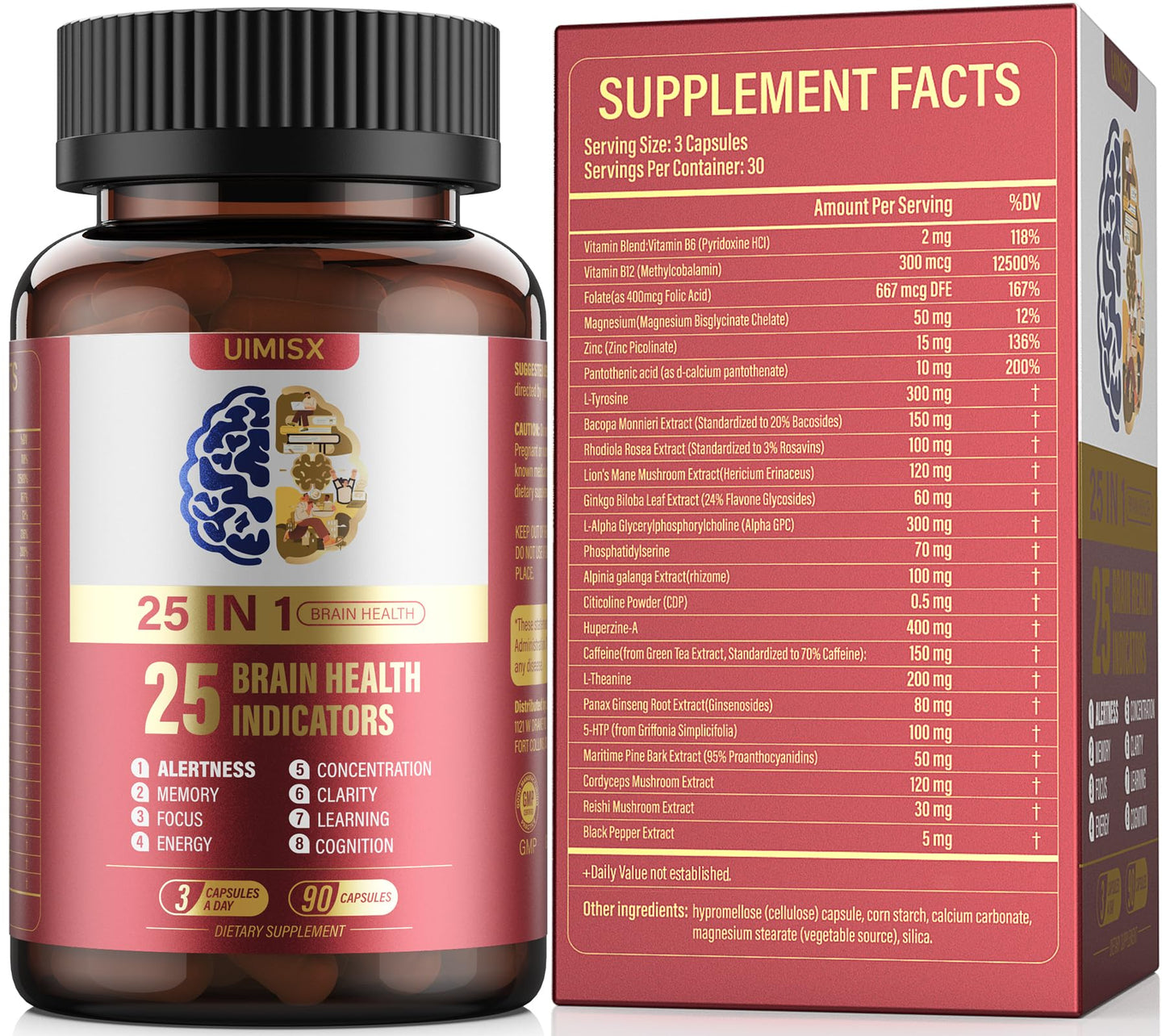 UIMISX Brain Supplement for Mental Alertness, Memory, Focus & Energy, Alpha GPC, Huperzine-A, L-Tyrosine, Phosphatidylserine, Vitamins B6 B12, High Absorption, 90 Capsules UIMISXBuy Supplements Australia
