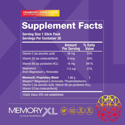 MemoryXL, Magnesium L-Threonate: Brain Supplement for Memory & Focus; Magtein®, Phosphatidylserine, Vitamin Mix. Improves Memory Focus Attention Learning & Logic. 0 Sugar, 0 cal, 30pk Cranberry Lemon OmegaXLBuy Supplements Australia