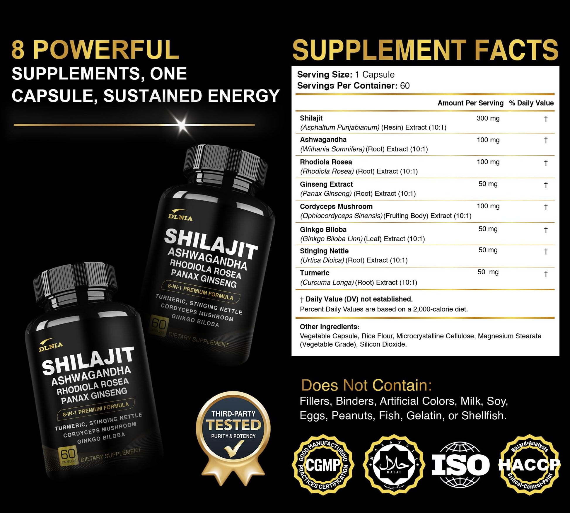 DLNIA 8-in-1 Shilajit for Men & Women with Ashwaganda Himalayan Organic Supplement with Rhodiola Rosea, Ginseng, Turmeric, Mushroom, for Immune Support, Energy, Calm, Focus, Clarity, Sleep, Cortisol DLNIABuy Supplements Australia