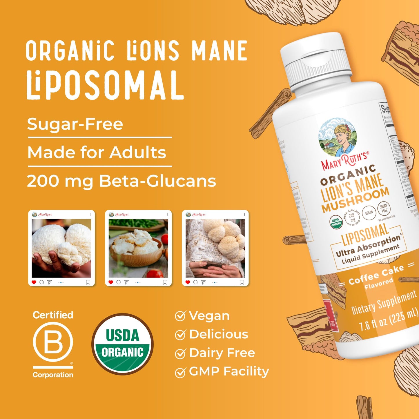 MaryRuth Organics Lions Mane Supplement | Ultra Absorption Liposomal | Full Spectrum Lion's Mane Mushroom | 200mg Beta-Glucans Per Serving | USDA Organic | Vegan | 7.6 oz | 15 Servings MARYRUTH'SBuy Supplements Australia