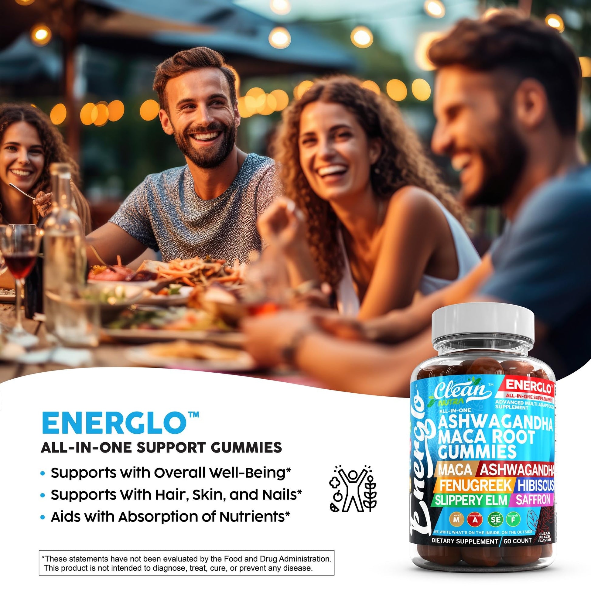 Ashwagandha Maca Root Gummies with Fenugreek Hibiscus Slippery Elm Saffron Extract & Beta Carotene | Peach Flavor Vegan Gummy Vitamins Adaptogen Cortisol Supplement Energlo by Clean Nutra Clean NutraceuticalsBuy Supplements Australia