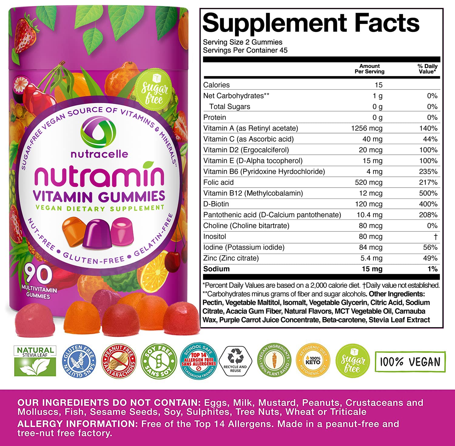 NUTRAMIN Daily Vegan Keto Multivitamin Gummies Vitamin C, D2, and Zinc for Immunity NutracelleBuy Supplements Australia