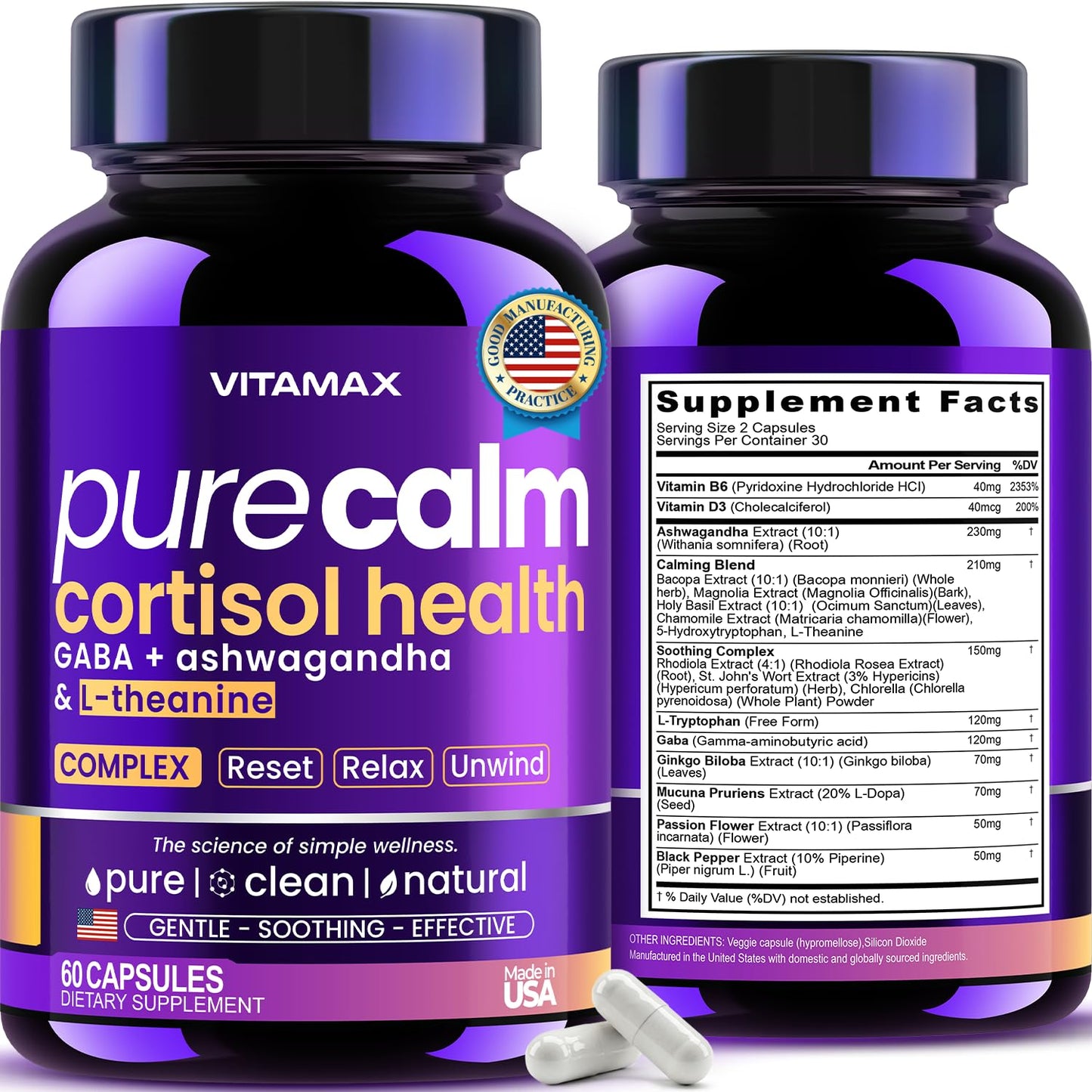 Vitamax Pure Calm Cortisol Supplements for Women - L Theanine, Ashwagandha, GABA for Relaxation, Mood & Stress Support with Ginkgo Biloba, Bacopa Monnieri, 5-HTP – Non-GMO, Made in USA – 60ct VitamaxBuy Supplements Australia