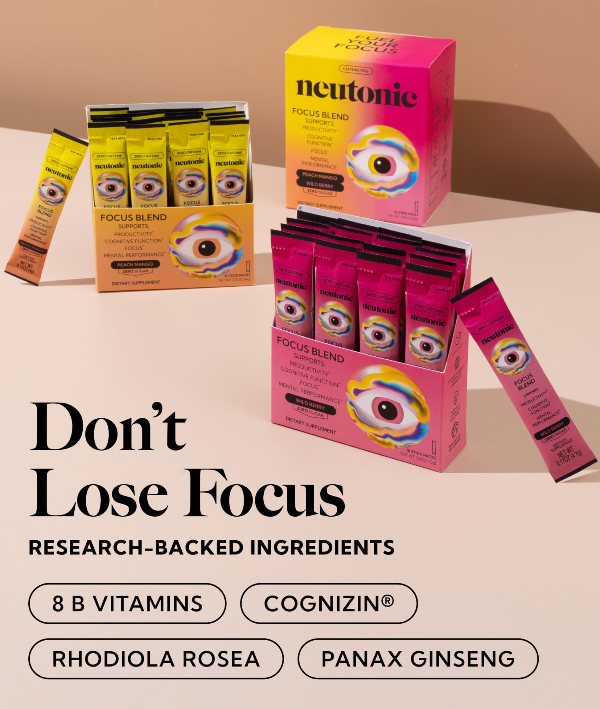 Neutonic Nootropic Focus Blend Powder | Peach Mango & Wild Berry 32 Sticks | Caffeine Free, Zero Sugar | Support Memory, Mental Clarity, Cognitive Function | Boost Focus, Energy, Brain Health NeutonicBuy Supplements Australia