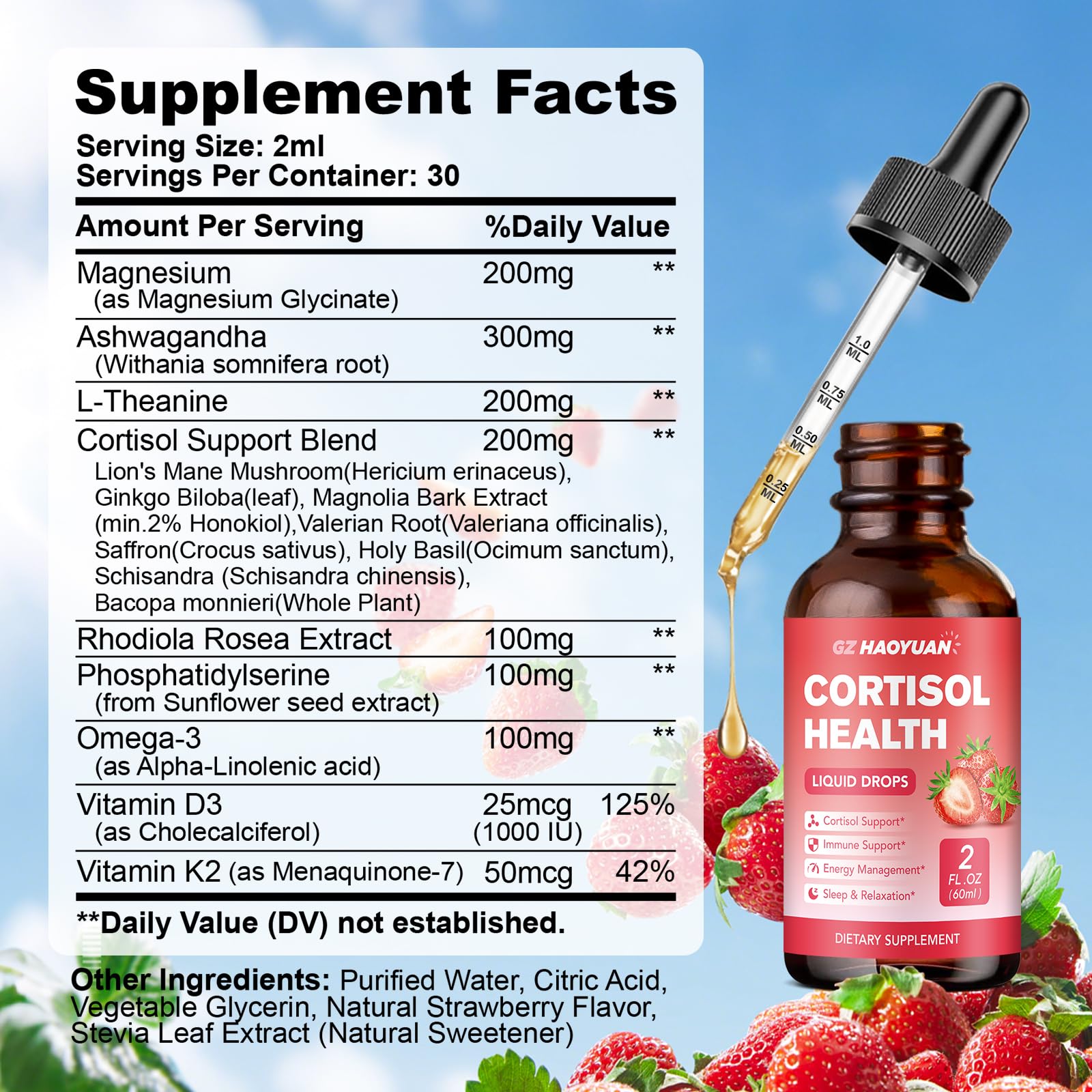GZ HAOYUAN Cortisol Supplement Liquid Drops for Women and Men with Magnesium, Ashwagandha, L-theanine, Phosphatidylserine for Lower Cortisol, Calm, Mood, Sleep Support - 2 FL.OZ, Strawberry GZ HAOYUANBuy Supplements Australia