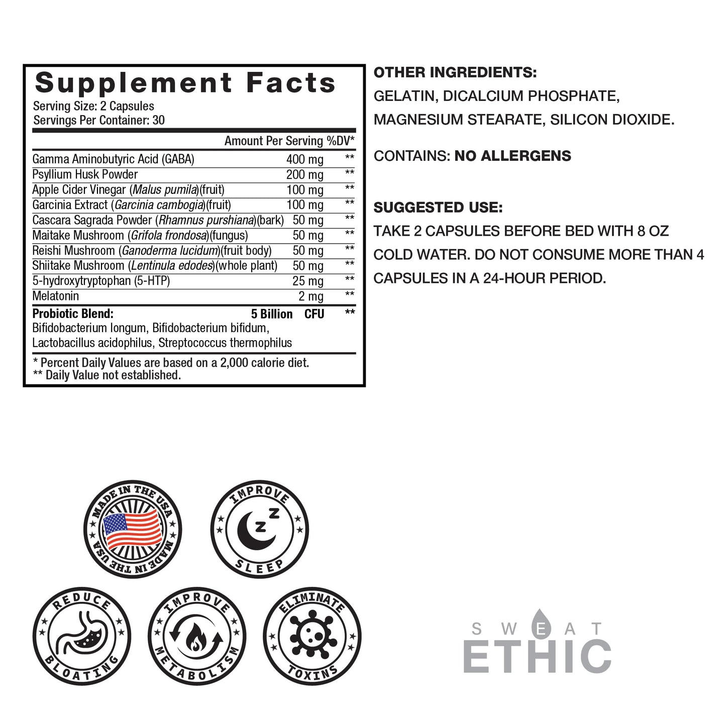 Sweat Ethic Pure & Lean Detox, Natural Nighttime Support with GABA, 5 HTP, Melatonin, Probiotics & Herbal Extracts, Supports Evening Routine and Digestion, Dietary Supplement