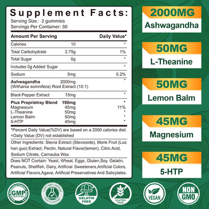 NEVISS Ashwagandha Gummies 2000mg, Feel Refreshed, Plus Proprietary Blend with L-Theanine, 5-HTP, Lemon Balm, Magnesium for Calm, Zzzs & Relaxation Support, 120 Count NEVISSBuy Supplements Australia
