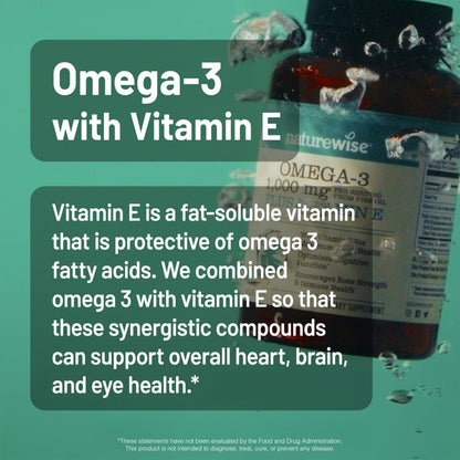 NatureWise Extra-Strength Omega 3 Fish Oil Supplement - 1000mg per Serving - 600 EPA & 400 DHA and Vitamin E - Support for Heart & Brain Health