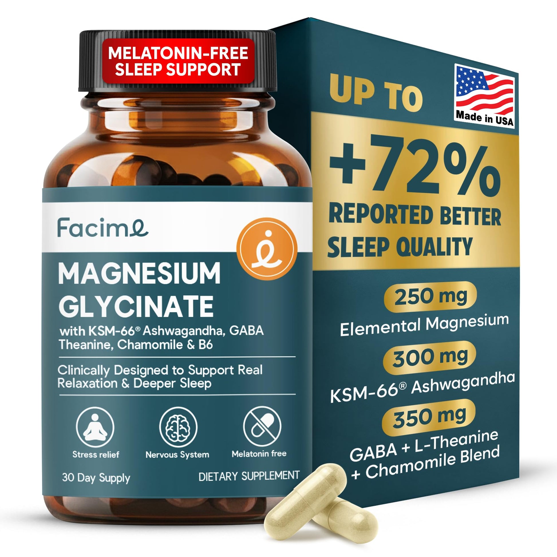Natural Chelated Magnesium Glycinate Sleep Aid - Melatonin-Free Sleep & Stress Relief with KSM-66 Ashwagandha, GABA, L-Theanine & Chamomile for Muscle Relaxation - Made in USA - 90 Capsules FacimeBuy Supplements Australia