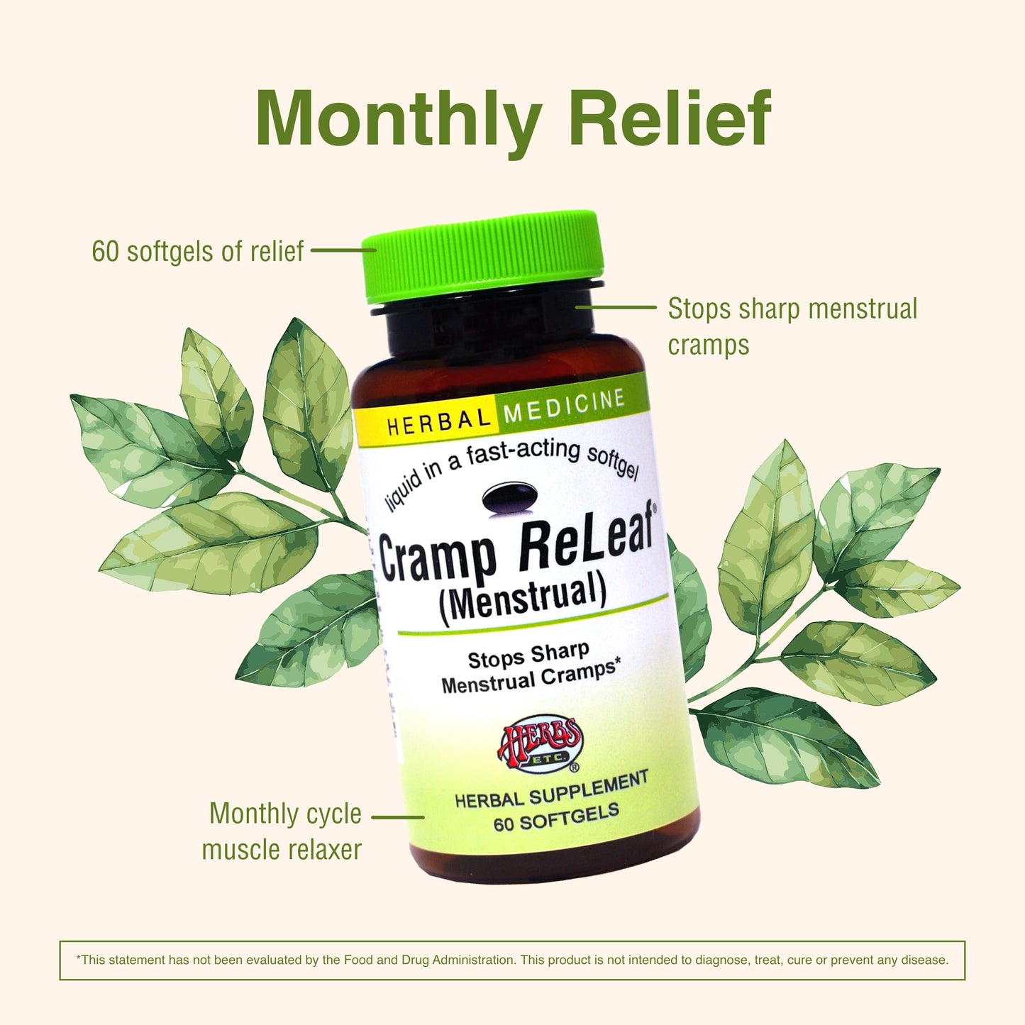 Herbs Etc. Cramp ReLeaf (Menstrual) - Abdominal Muscle Support - Herbal Supplement to Aid Menstrual Health - Period Cramp Support with Black Haw, Cramp Bark and Bethroot - 60 Softgels (60 Servings) Herbs Etc.Buy Supplements Australia