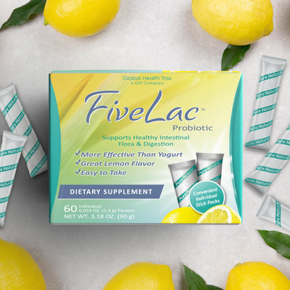 Global Health Trax GHT - FiveLac Lemon Probiotic Powder Drink Mix, Probiotics for Women, Men, Kids - Smooth Digestive Support & Elimination – Relieve Constipation & Gas - 60 Packets, 3.18 Oz, Non-GMO ght Global Health TraxBuy Supplements Australia