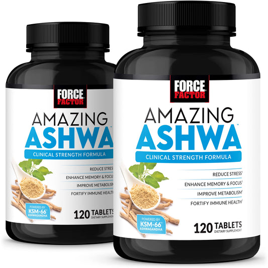 Force Factor Amazing Ashwa, KSM-66 Ashwagandha Supplement for Stress Relief, Focus, Memory, Immune Support, With Vitamins, Minerals & Antioxidants, Cortisol Supplements for Women, 240 Tablets (2-Pack) Force FactorBuy Supplements Australia