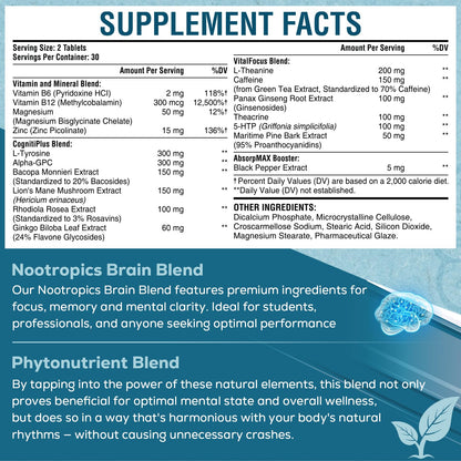 17-in-1 Brain Supplement for Memory and Focus | Natural Nootropics Brain Supplement for Brain Cognition, Energy | High Absorption | L-Theanine, Phytonutrient Blend and Vitamins B6, B12 | 60 Tablets SehatiKuBuy Supplements Australia