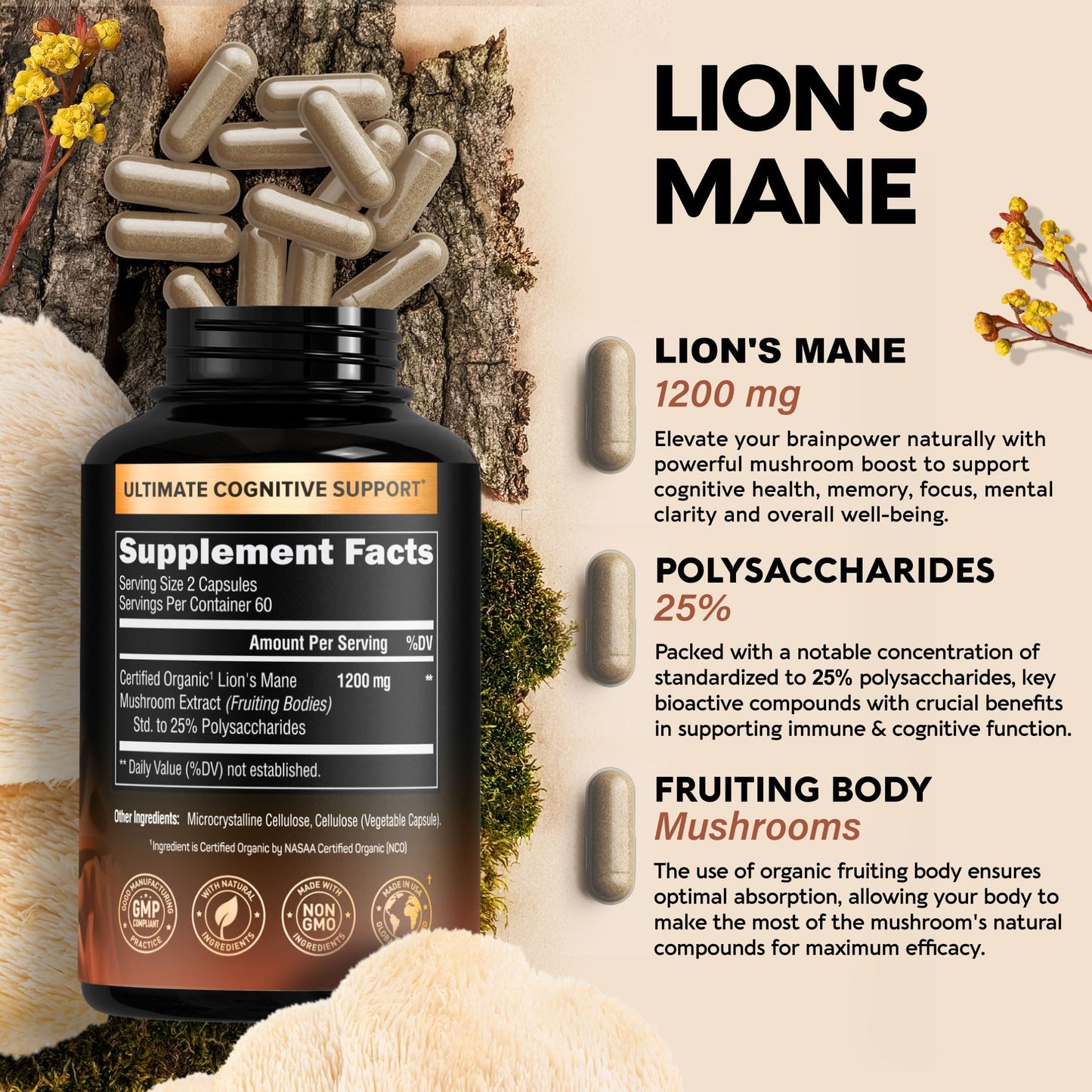 Organic Lions Mane - Certified Mushroom Supplement - Made in USA - Fruiting Bodies NUTRAHARMONYBuy Supplements Australia
