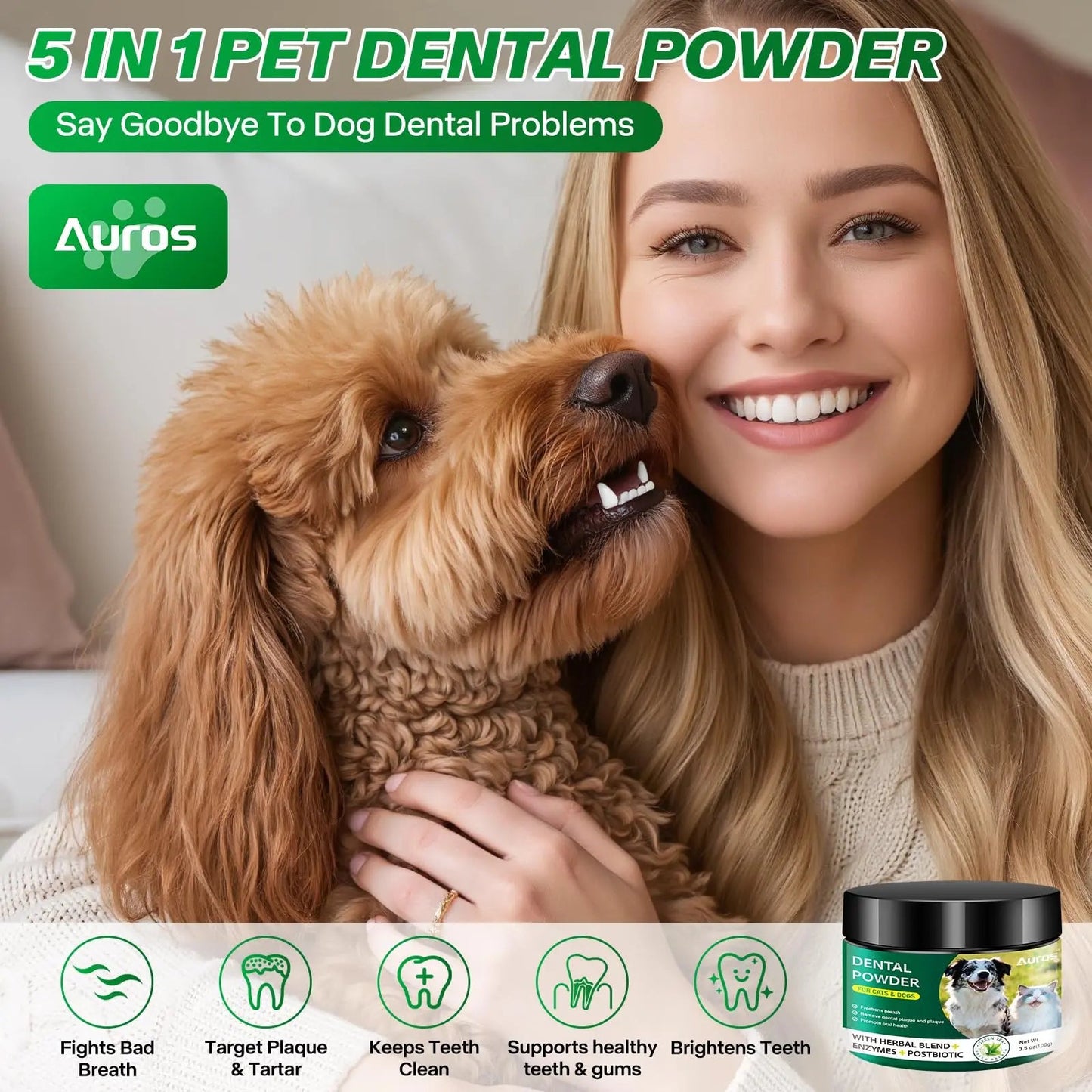 Dog Dental Powder for Teeth Cleaning Plaque & Bad Breath Off, Dental Powder for Dogs Teeth with Natural Herbal Blend & Postbiotics, Dog Teeth Cleaning Powder with Enzymes for Dogs & Cats (3.5oz) AUROSBuy Supplements Australia