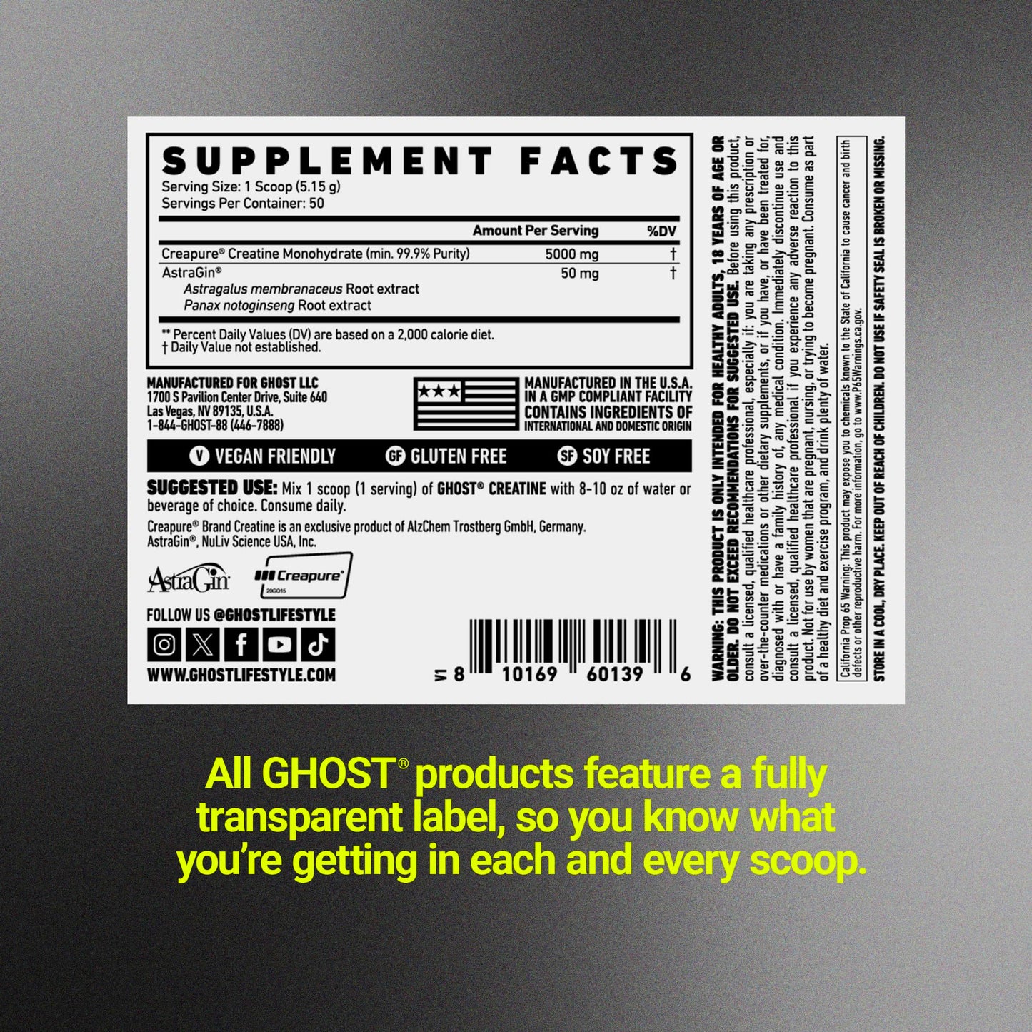 GHOST Basics Creatine Monohydrate Powder for Men & Women – 5G Creapure Creatine Workout Supplement for Muscle Gain – Vegan, Soy Free & Gluten Free - 50 Servings
