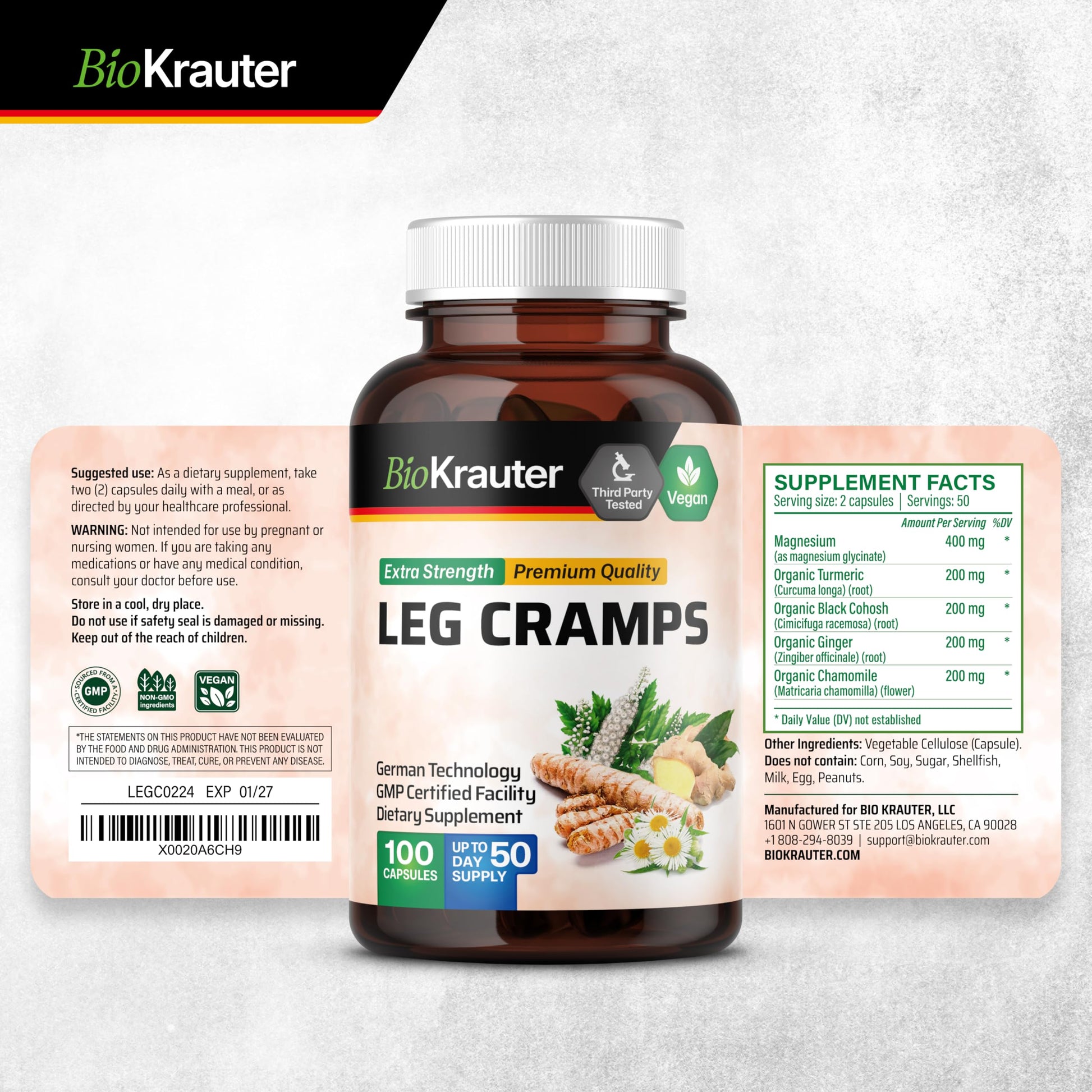 BIO KRAUTER® Magnesium Glycinate for Leg Сramps & Relax - 5-in-1 Formula Magnesium Glycinate 400mg with Turmeric, Black Cohosh, Ginger, Chamomile 1200 mg 100 Caps - No Fillers, Non-GMO, 50-Day Supply BIO KRAUTERBuy Supplements Australia