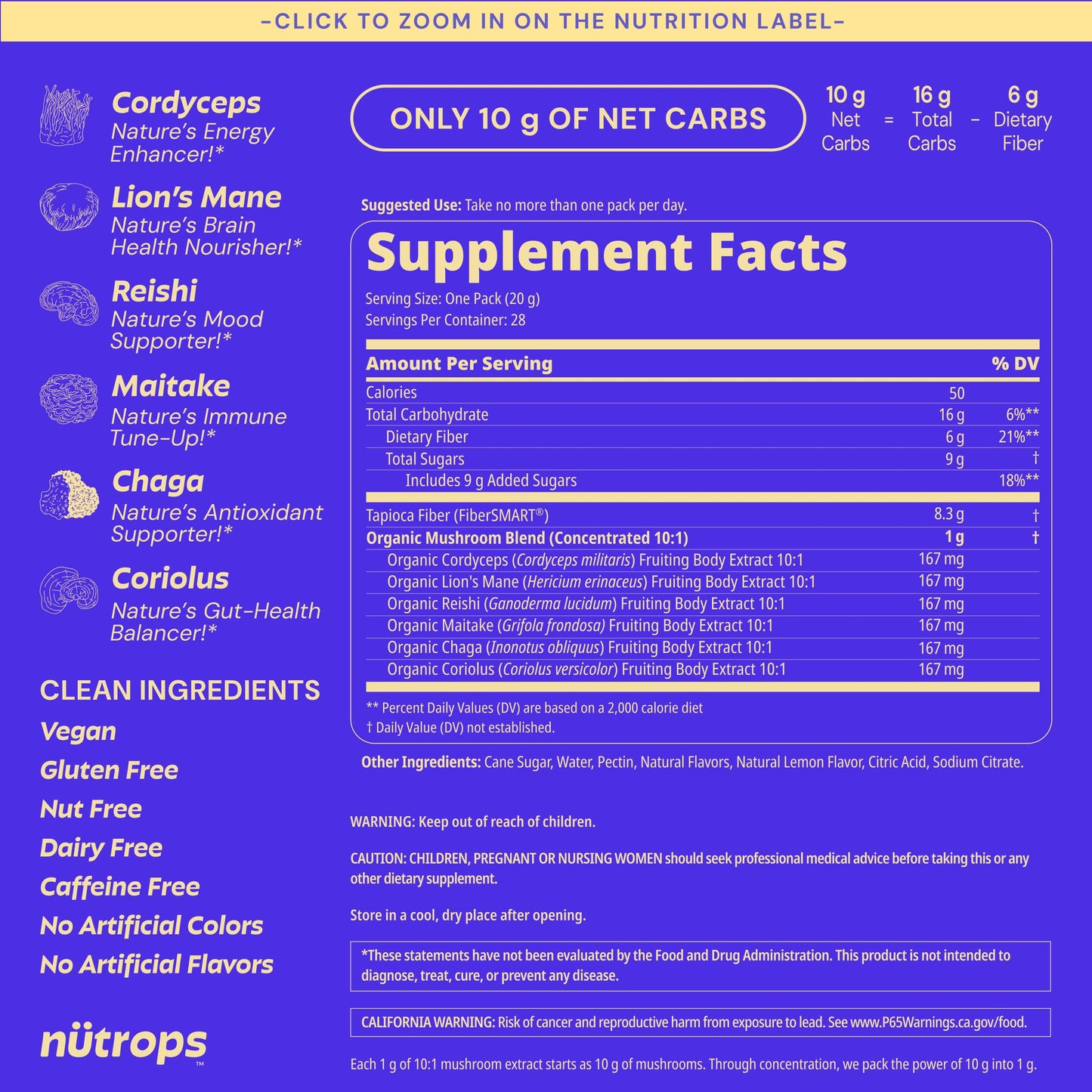 Nutrops Lions Mane Mushroom Gummies for adults, Functional Nootropics, Herbal Brain Supplement for Energy, Brain Health, Cognitive, Memory & Focus, Reishi, Chaga, Cordyceps, Coriolus, 28 daily Packs GrünsBuy Supplements Australia