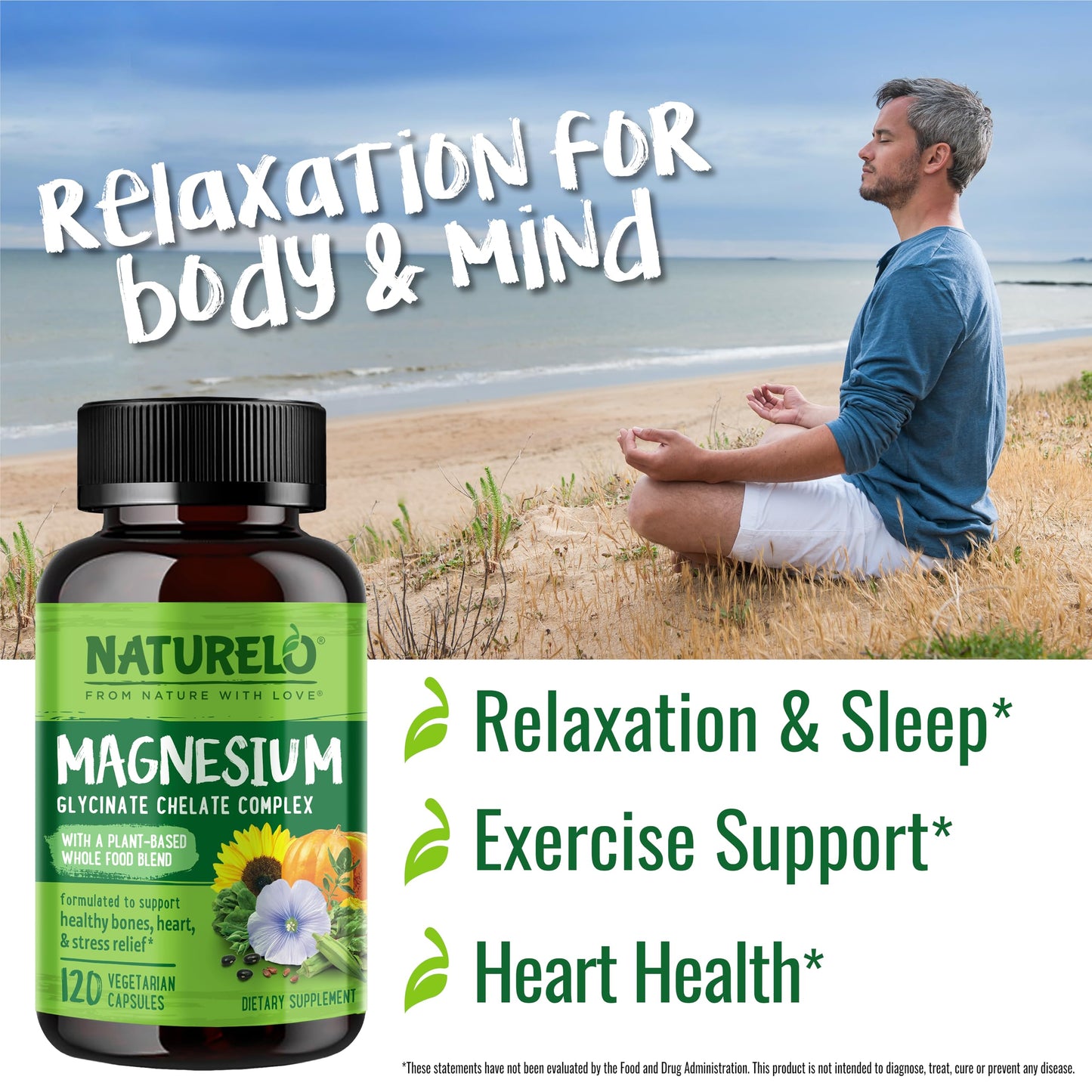 NATURELO Magnesium Glycinate Chelate Complex - 200 mg Magnesium with Organic Vegetables to Support Sleep, Calm, Muscle Cramp & Stress Relief - Gluten Free, Non GMO - 120 Capsules NATURELOBuy Supplements Australia
