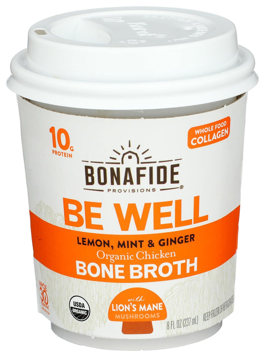 Bonafide Provisions Fresh Organic Be Well Broth with Lemon, Mint & Ginger Organic Chicken Bone Broth, Frozen 8 fl oz - Gluten-Free, Grain-Free, Paleo and Keto Friendly - Maple Wellness Supplements